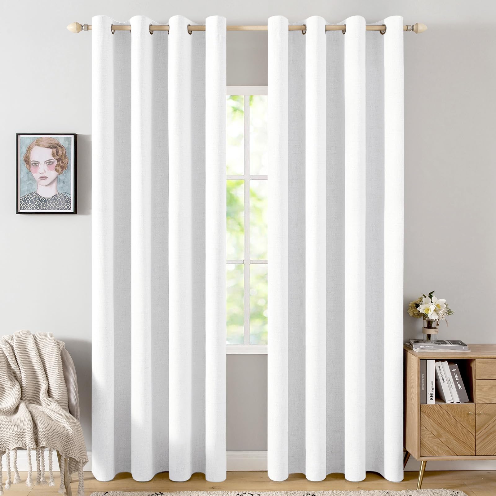 MIULEE 100% Blackout Linen Curtains for Bedroom Thermal Insulated Birch Grommet Room Darkening Curtains & Drapes for Living Room Nursery 52 x 96 Inch (2 Panels)