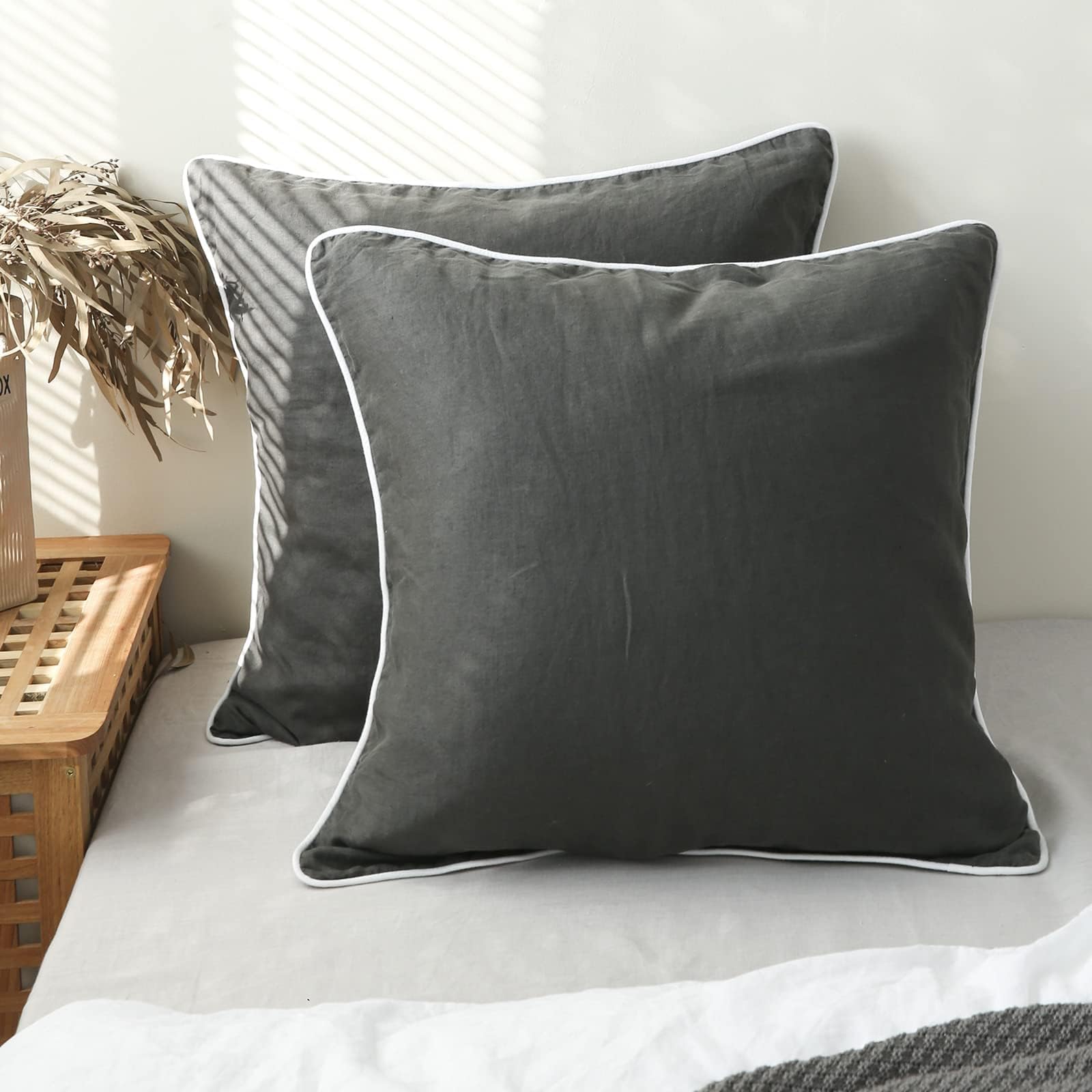 Simple&Opulence 100% Linen Euro Sham Pillow Covers Belgian Flax-Set of 2, Decorative Pillow Cover with Tassels, Boho Shabby Chic Style for Couch/Bed, White, 26" x 26"