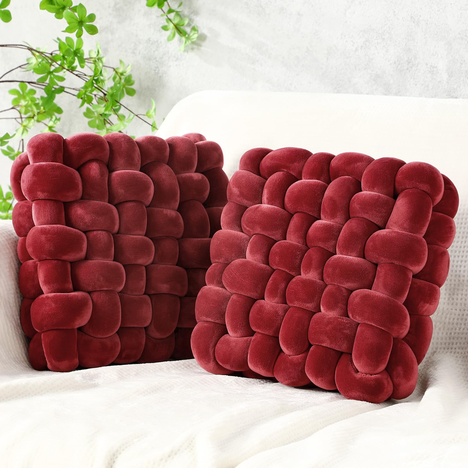 Wenqik 2 Pcs Knot Pillows Square Knotted Plush Throws Soft Accent Pillows Decoration Cushion for Couch Home Office Living Room Bedroom Bed Sofa Decor, 12'' x 13''(Cream White,Lambswool)
