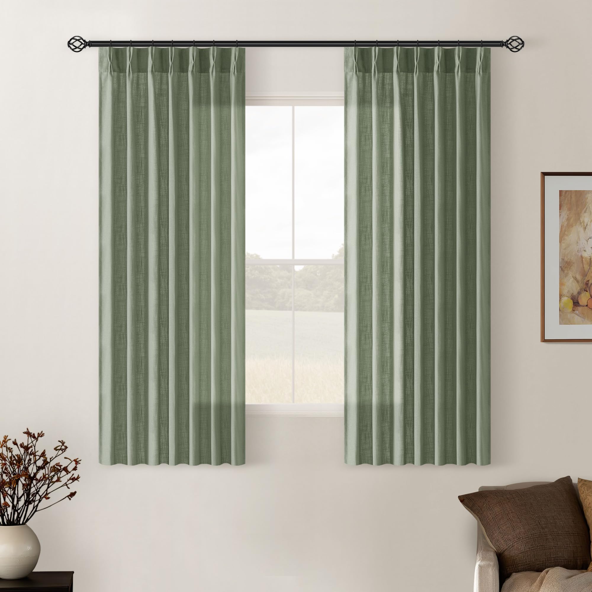 90 Inch Pinch Pleated Linen Curtains 2 Panel Set for Living Room Cream Natural Thick Linen Textured Drapes 90 Inches Long Pinch Pleat Drapes Birch Ivory Semi Sheer Curtain for Dining Bedroom Office