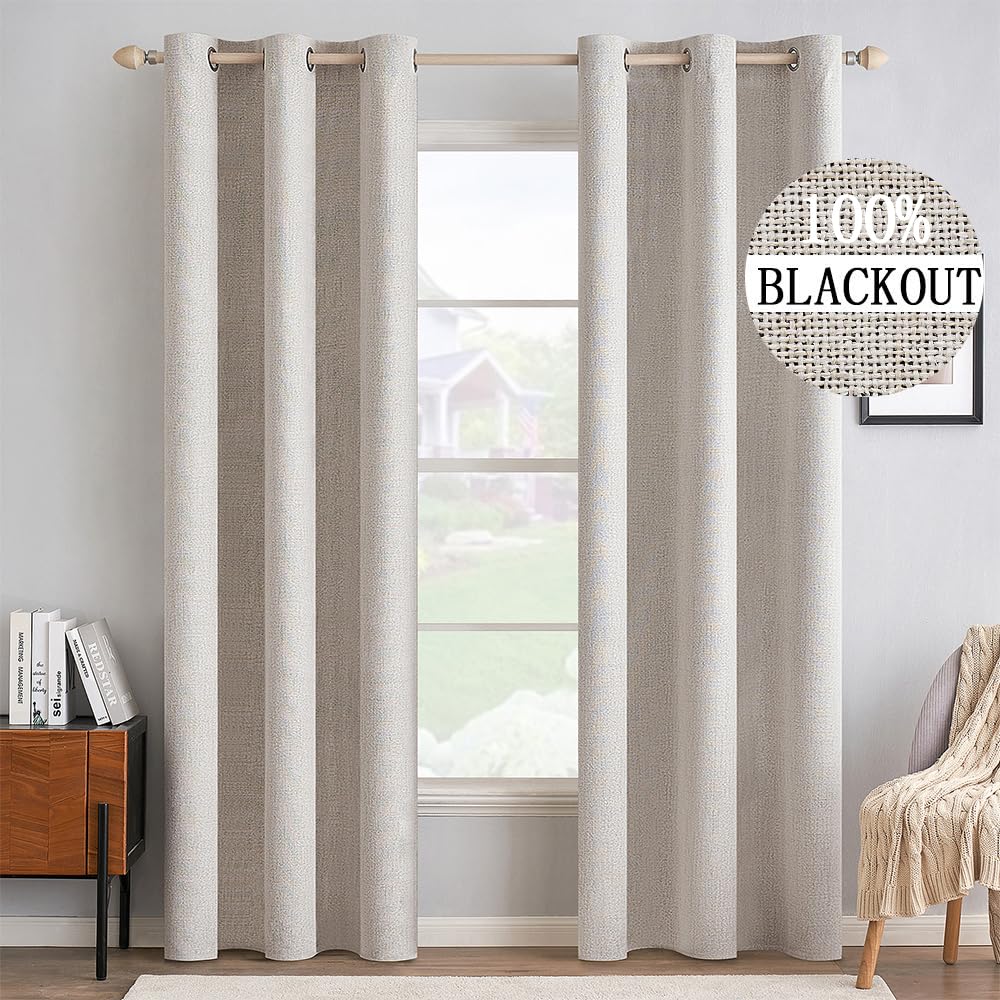 MIULEE 100% Blackout Linen Curtains for Bedroom Thermal Insulated Birch Grommet Room Darkening Curtains & Drapes for Living Room Nursery 52 x 96 Inch (2 Panels)