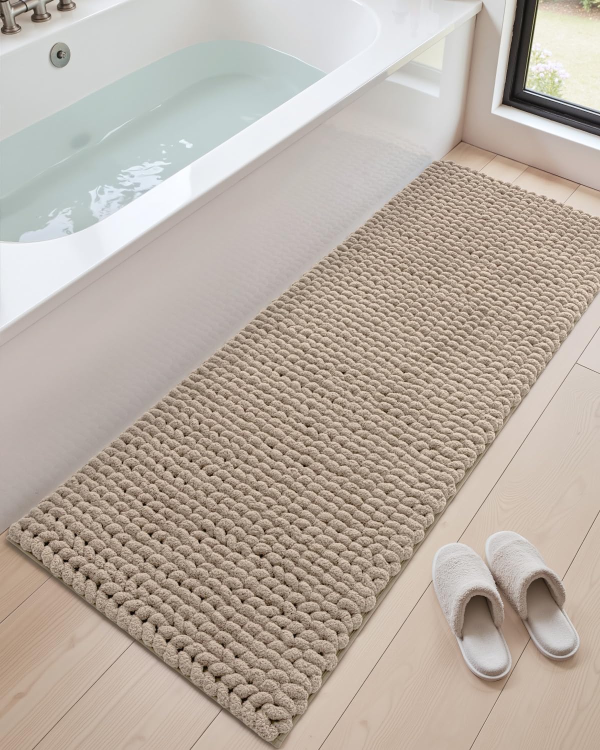 DEXI Bathroom Rugs 24x43, Non Slip Washable Bath Mat, Luxury Chenille Super Absorbent Ultra Thick Bathmats for Shower Floor, Plush Fluffy Shaggy Carpet for Tub, Beige