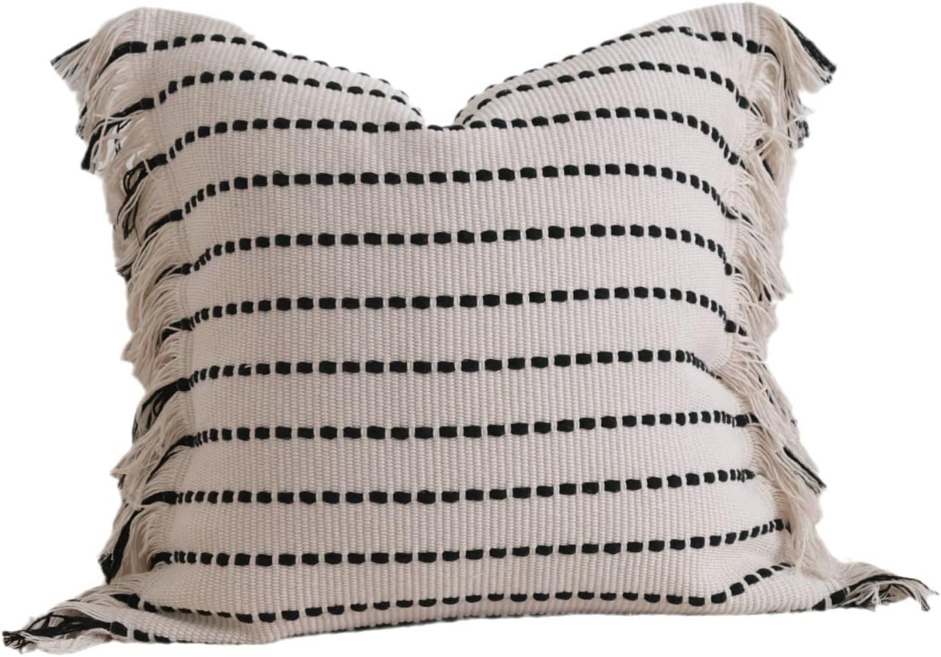 Square Boho Striped Tassel Edge Cushion Cover Cotton Linen Living Room Throw Pillow Covers,Beige,45 x 45 cm