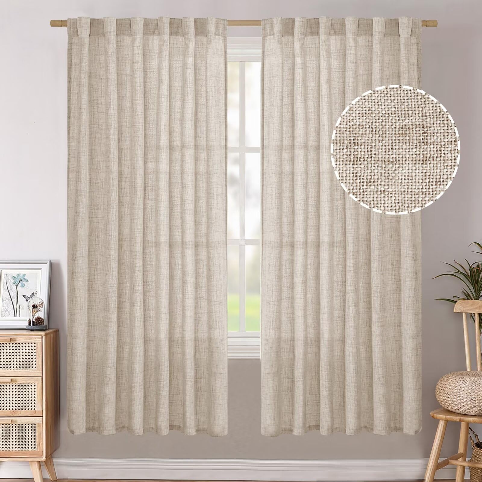 BGment Long 102 Inch Length Linen Curtains for Living Room, Natural Rod Pocket Textured Burlap Drapes Rustic Country Light Filtering for Bedroom Semi Sheer Back Tab, 2 Panel, 52 Inch Wide Each Panel