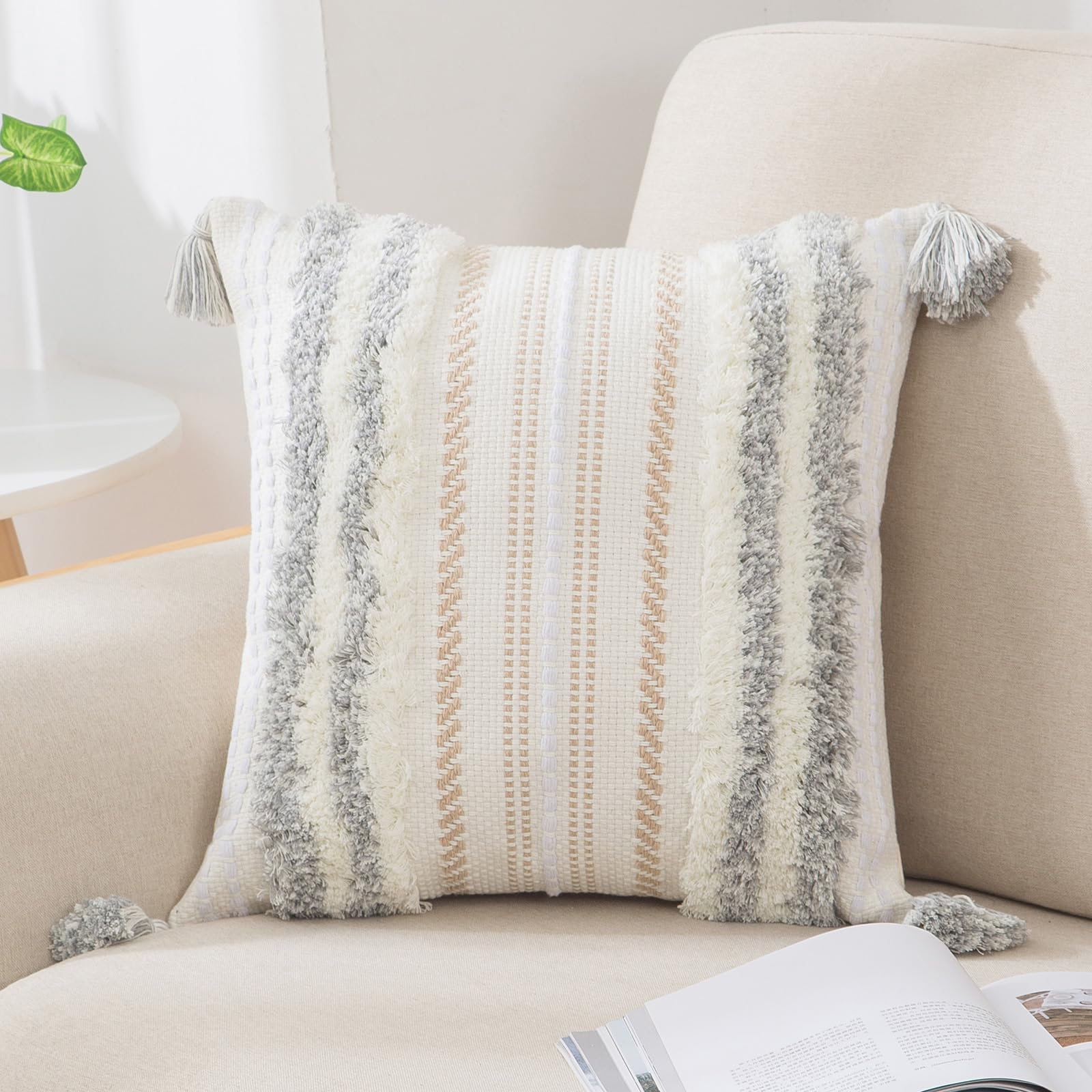 decorUhome Summer Decorative Boho Throw Pillow Covers 20x20 Set of 2, Accent Neutral Textured Tufted Pillow Covers Striped for Couch Bed Sofa Living Room, Light Grey and Cream White