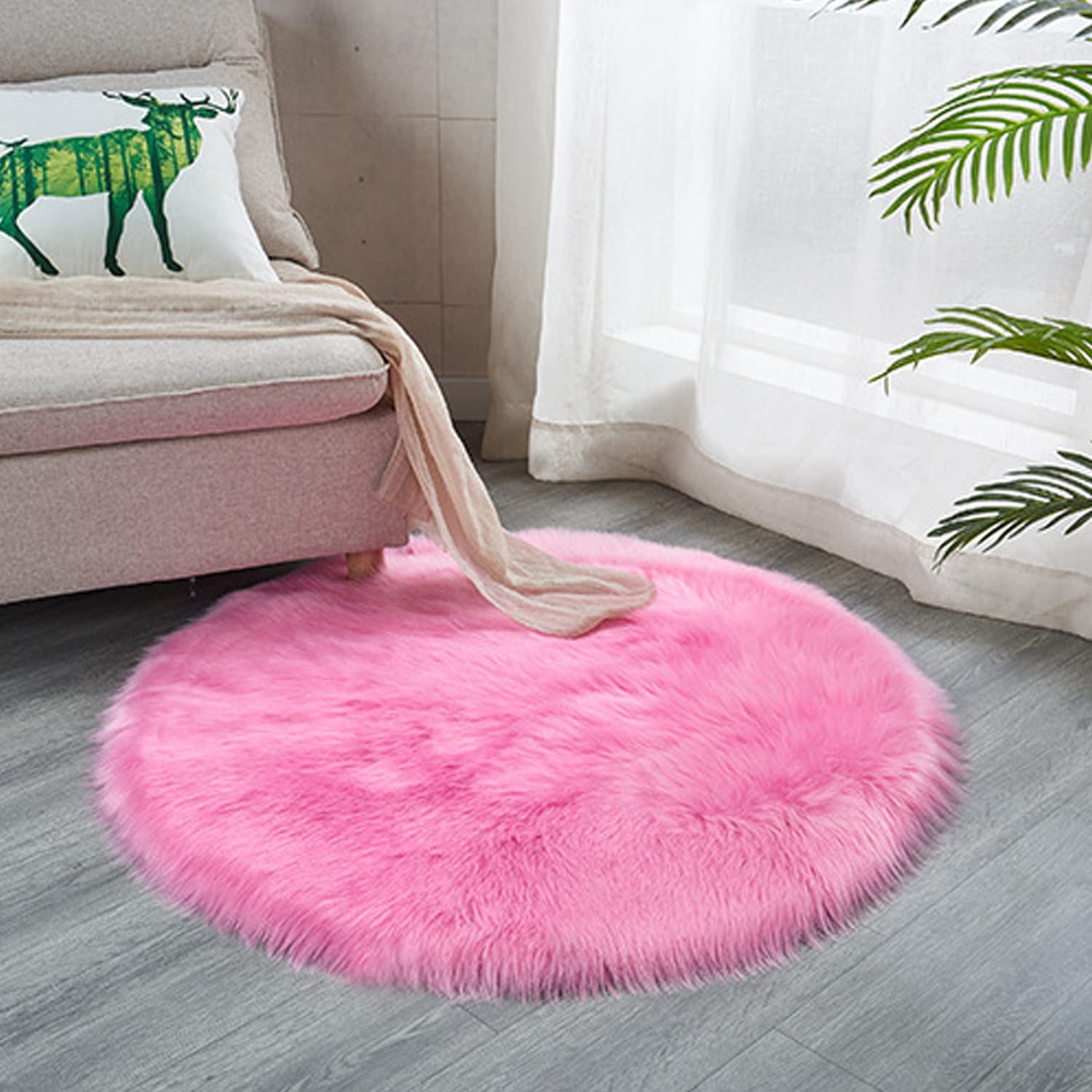 Luxury Faux Sheepskin Area Rugs Supersoft Fluffy Shaggy Round Floor Carpet Mat Decorative Throw Cover- Children Play Carpet for Living & Bedroom Sofa Light Pink, 5 ft Diameter