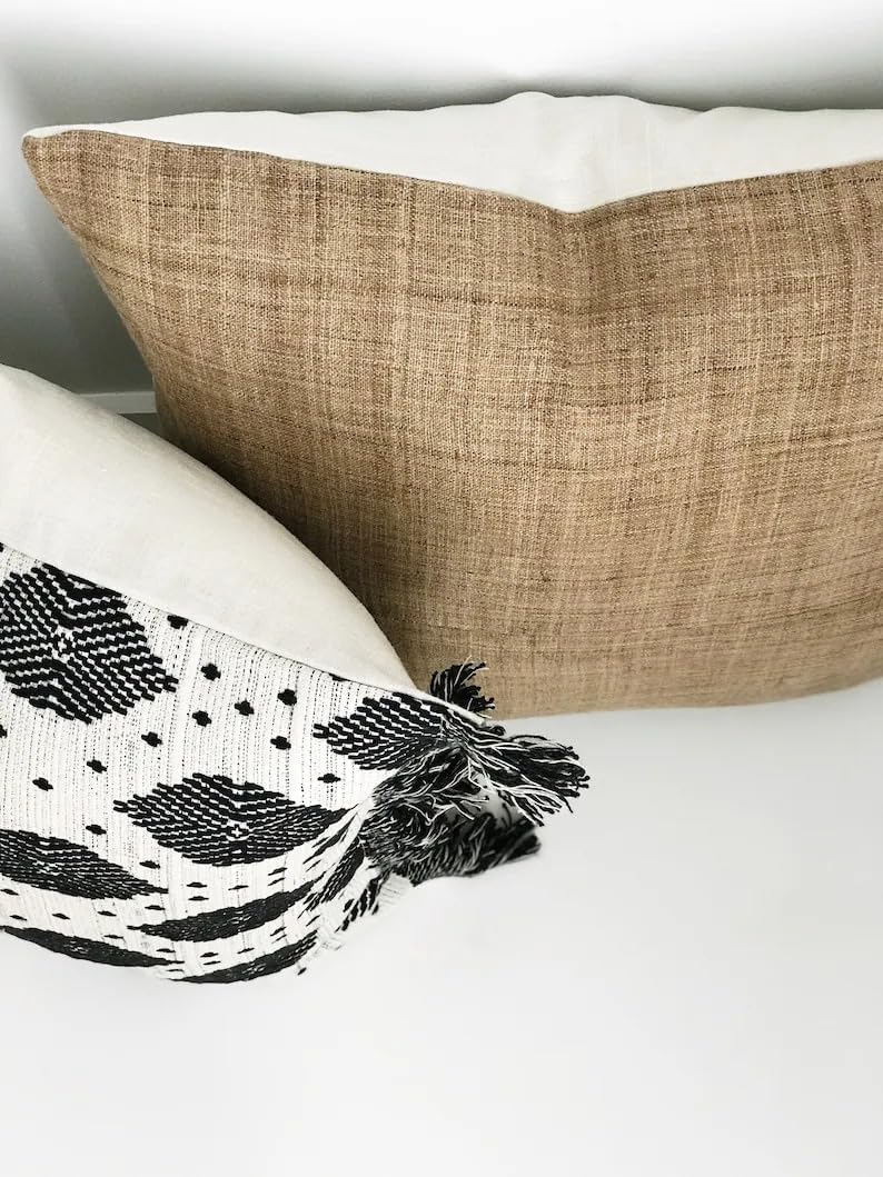 Boho Black White Diamond Fringed Throw Pillow Cover, Woven Textured Decorative Square Cushion Case with Tassel Edge for Couch Sofa Bed Living Room Home Decor, 18x18 Inch (Pillow Insert Not Included)