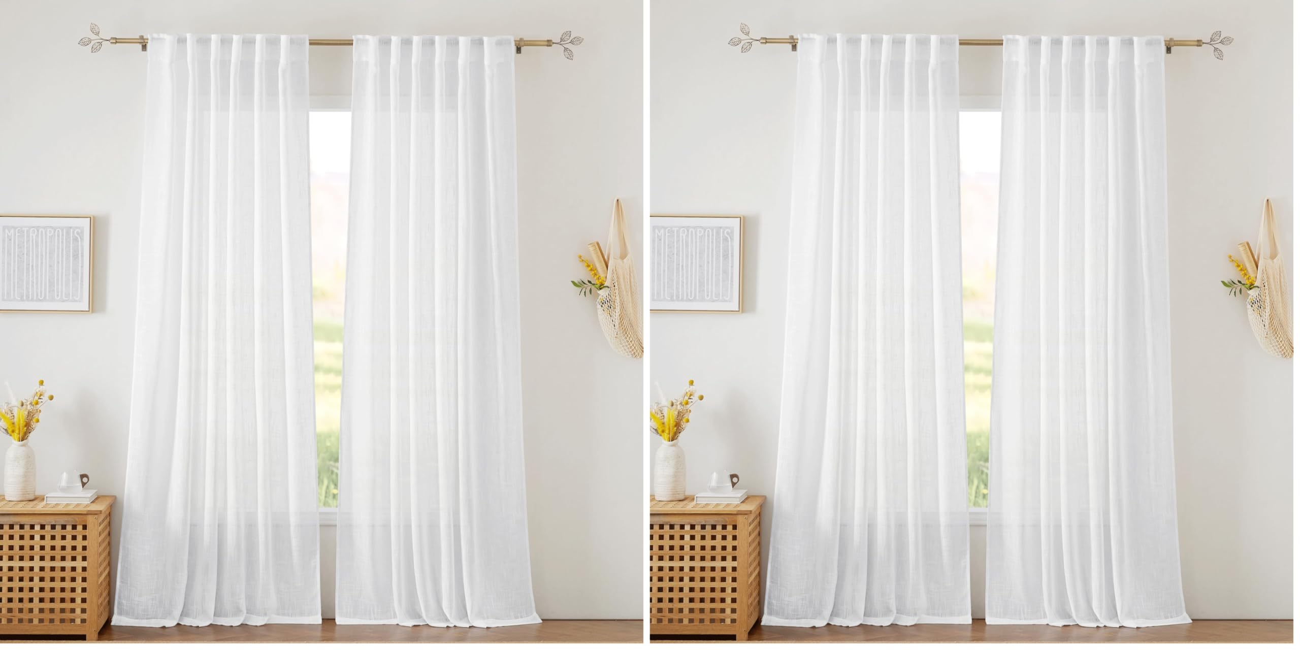 RYB HOME Farmhouse Sheer Curtains 108 inch Length, Semi Sheer Curtain & Drapes Large Window Dressing Lights & Winds Filter for Bedroom Home Office Living Room, Linen, W 70 x L 108 inch Long, 1 Pair