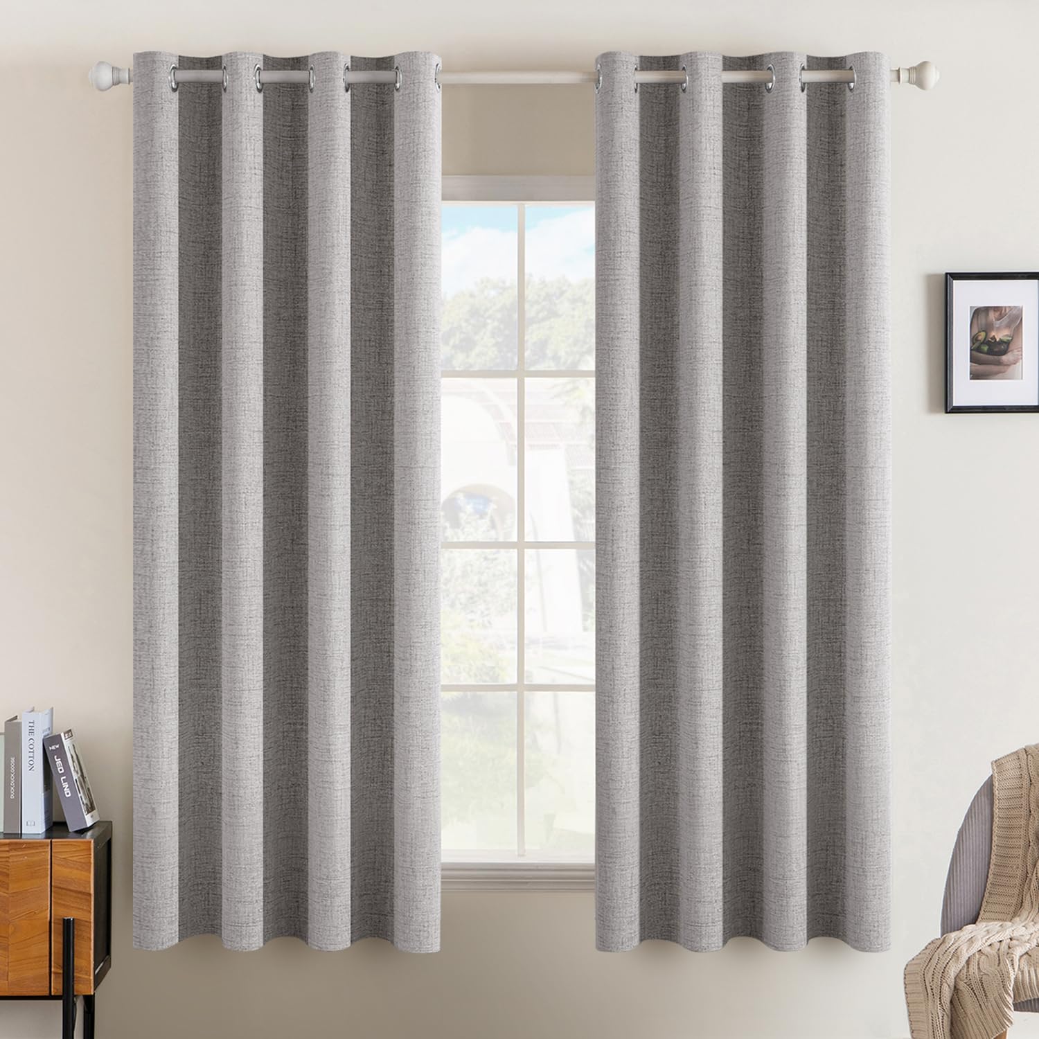 MIULEE 100% Blackout Linen Curtains for Bedroom Thermal Insulated Birch Grommet Room Darkening Curtains & Drapes for Living Room Nursery 52 x 96 Inch (2 Panels)