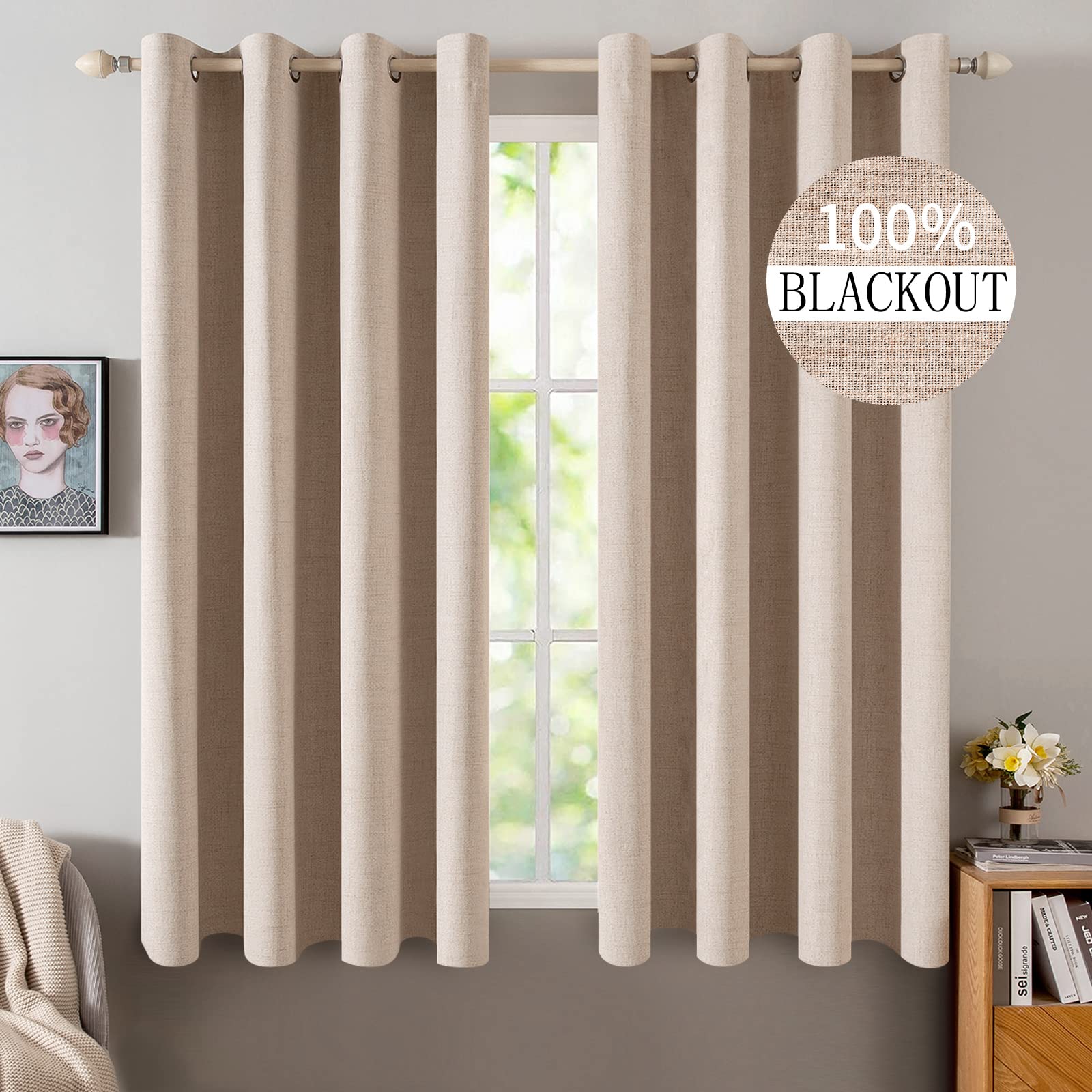 MIULEE 100% Blackout Linen Curtains for Bedroom Thermal Insulated Birch Grommet Room Darkening Curtains & Drapes for Living Room Nursery 52 x 96 Inch (2 Panels)