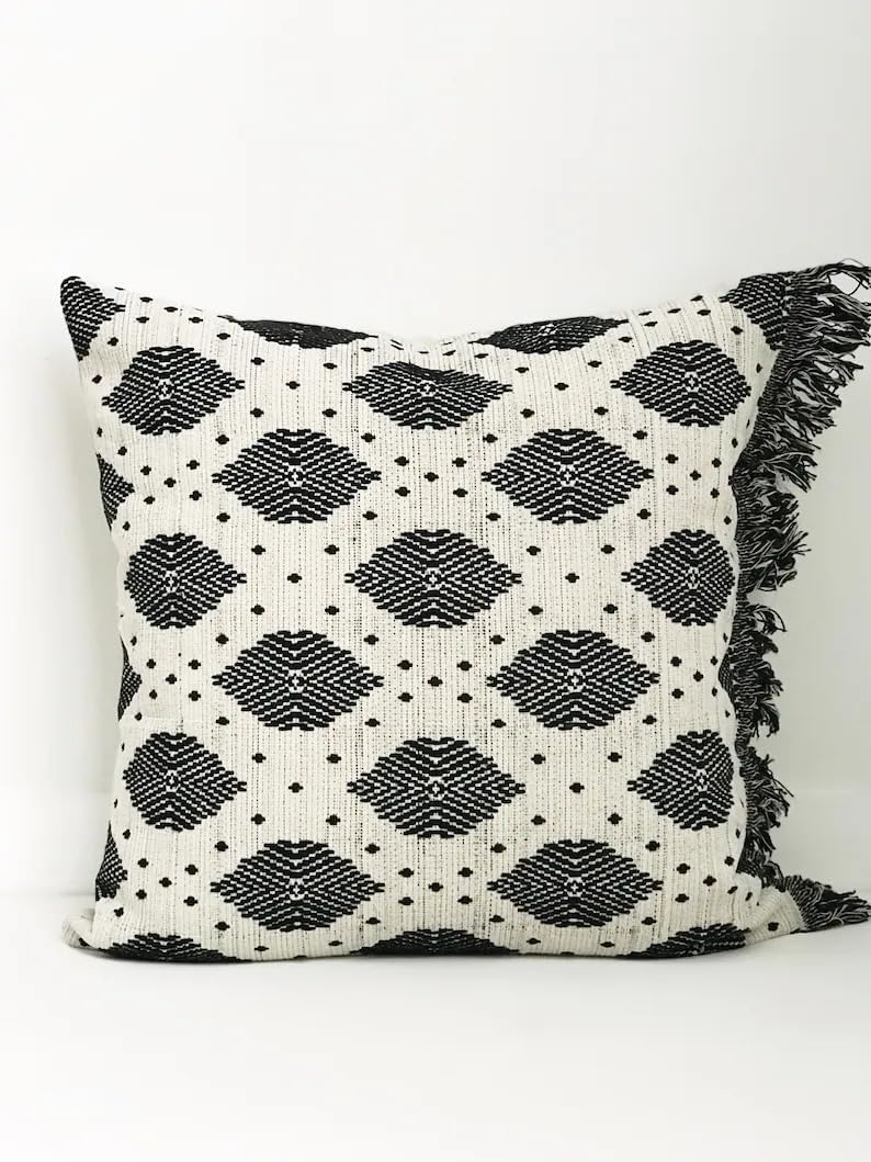 Boho Black White Diamond Fringed Throw Pillow Cover, Woven Textured Decorative Square Cushion Case with Tassel Edge for Couch Sofa Bed Living Room Home Decor, 18x18 Inch (Pillow Insert Not Included)
