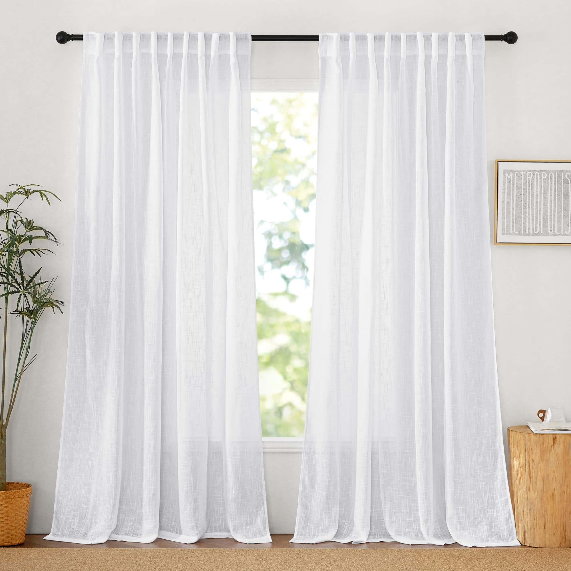 RYB HOME Farmhouse Sheer Curtains 108 inch Length, Semi Sheer Curtain & Drapes Large Window Dressing Lights & Winds Filter for Bedroom Home Office Living Room, Linen, W 70 x L 108 inch Long, 1 Pair