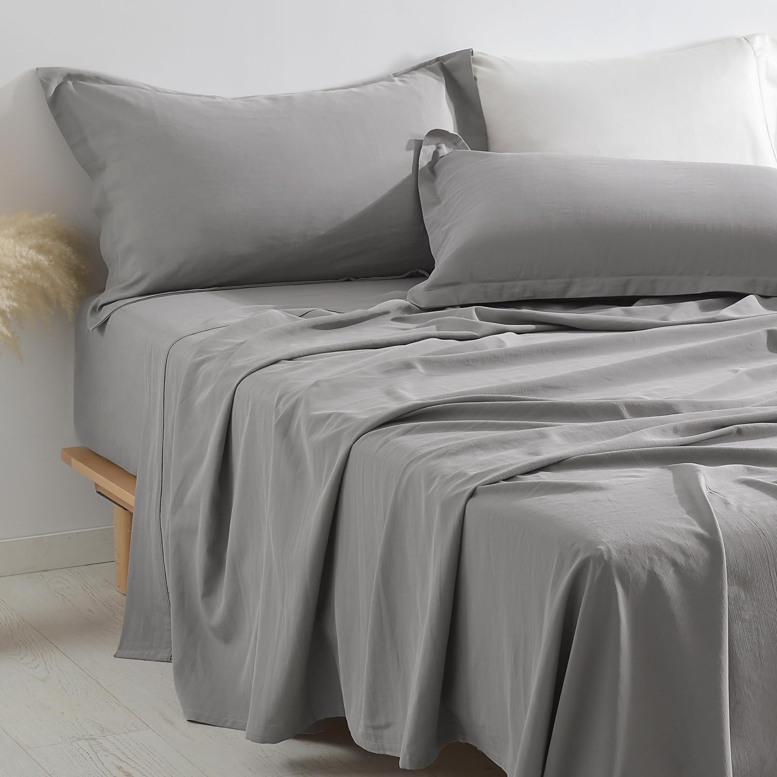 PANDATEX Beige Linen-Textured Bed Sheets Set, Bamboo Rayon, Cotton, Linen Blend Bed Sheets King Size, Soft Cool & Breathable for Hot Sleepers,Durable Natural Organic Bed 15'' Deep Pocket - 4 Piece