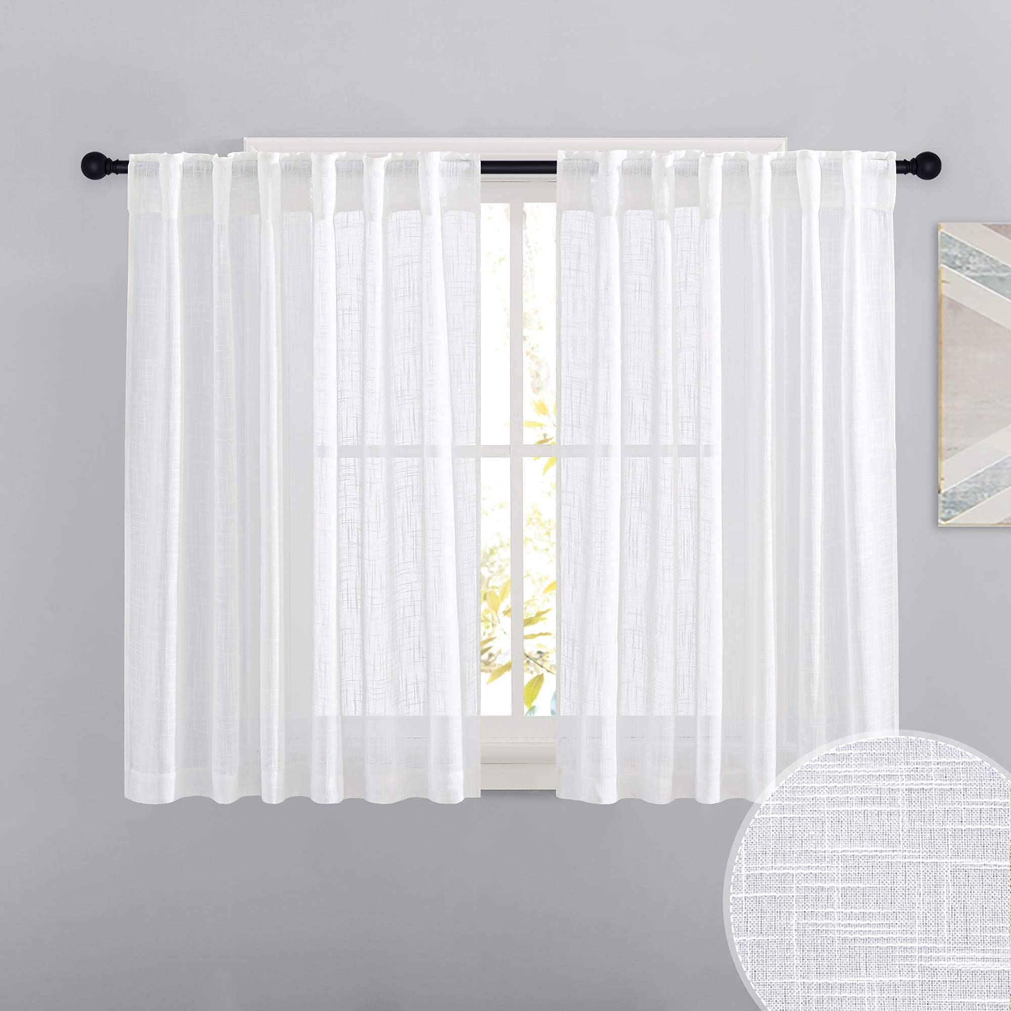 RYB HOME Farmhouse Sheer Curtains 108 inch Length, Semi Sheer Curtain & Drapes Large Window Dressing Lights & Winds Filter for Bedroom Home Office Living Room, Linen, W 70 x L 108 inch Long, 1 Pair