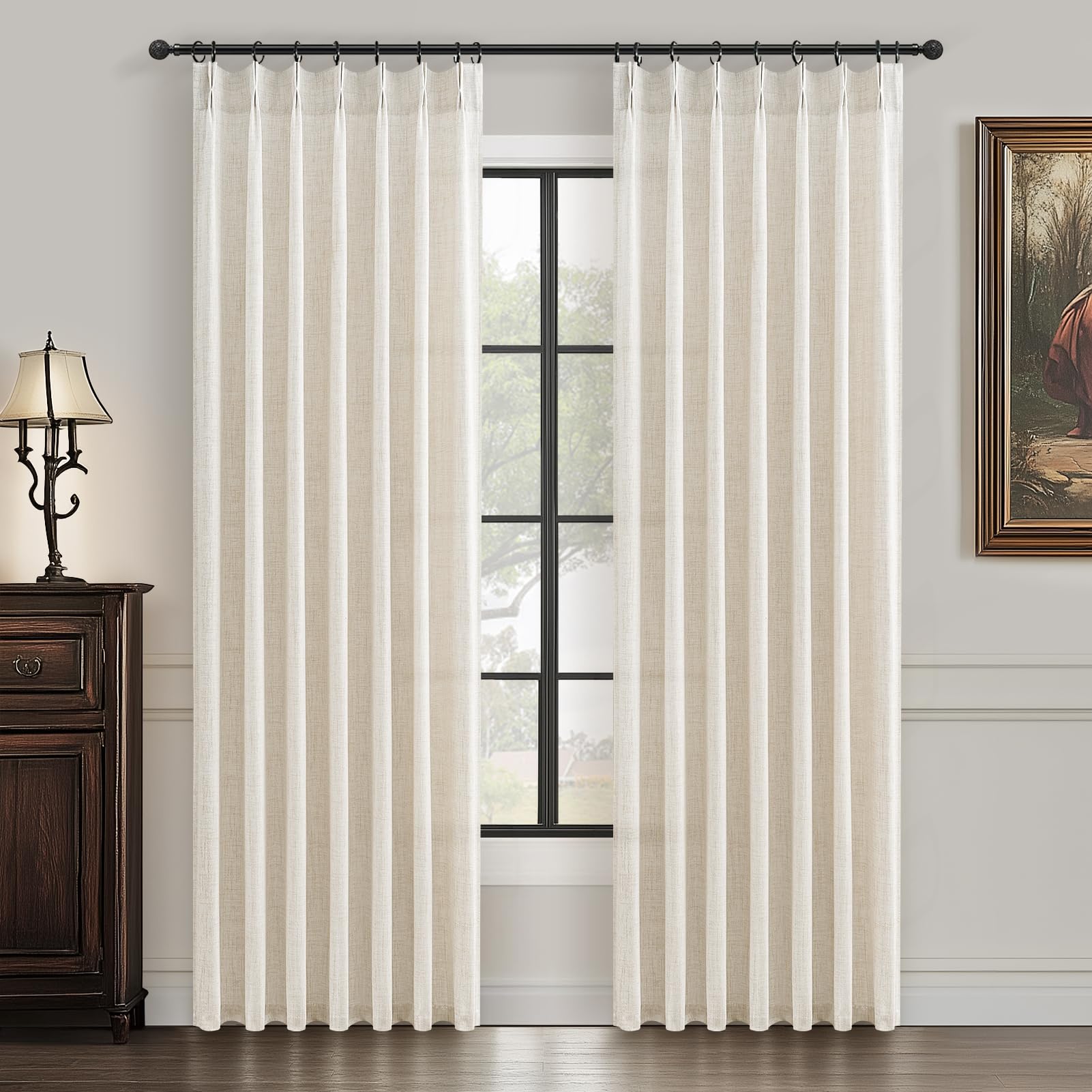 PleatedDrapes 96 Inch Curtains 2 Panel Set, Modern Linen Pleat Back Tab Dining Room Window Curtains Light Filtering Aesthetic Semi Sheer Living Room Drapes with Hooks Ring Cream Oatmeal W40 x L96