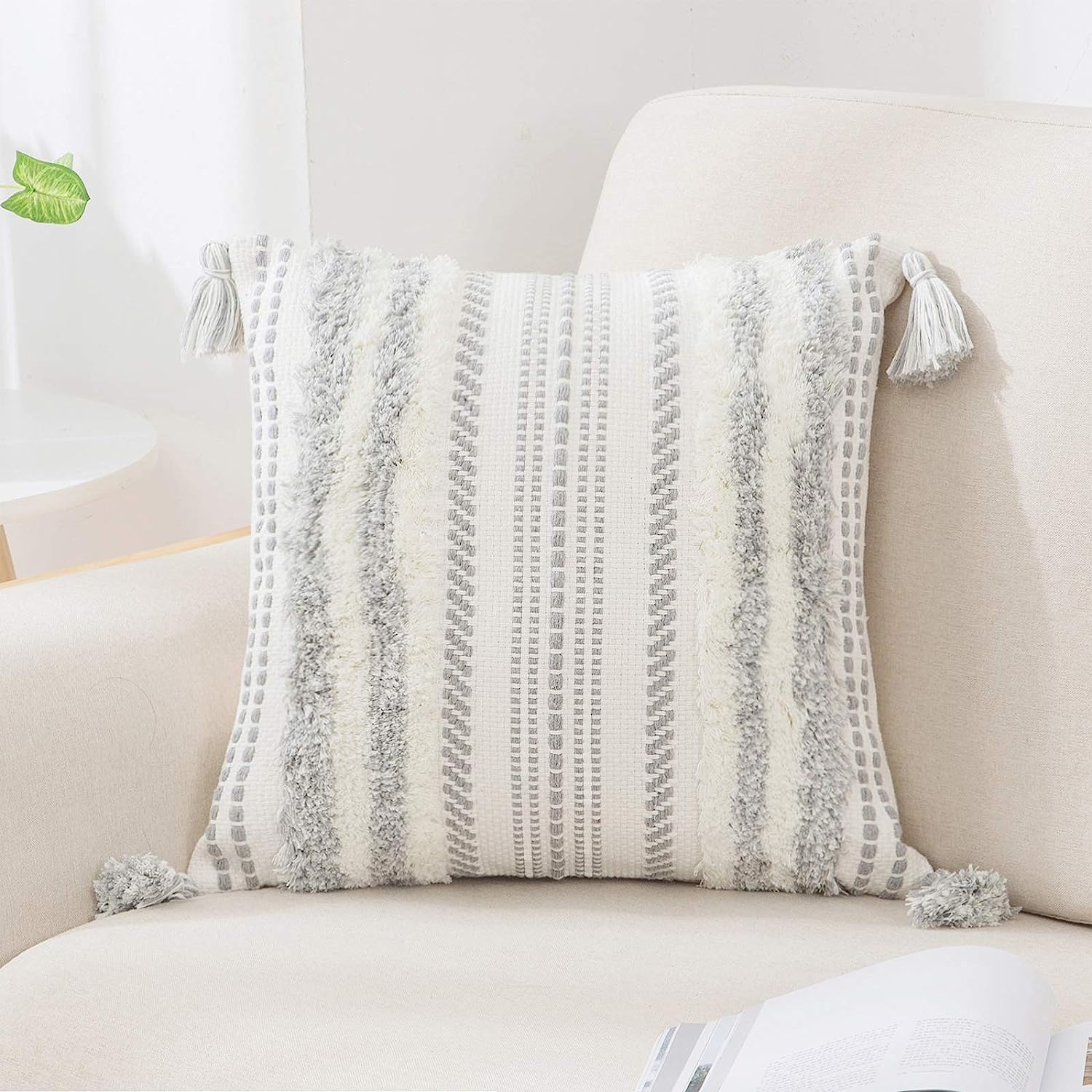 decorUhome Summer Decorative Boho Throw Pillow Covers 20x20 Set of 2, Accent Neutral Textured Tufted Pillow Covers Striped for Couch Bed Sofa Living Room, Light Grey and Cream White