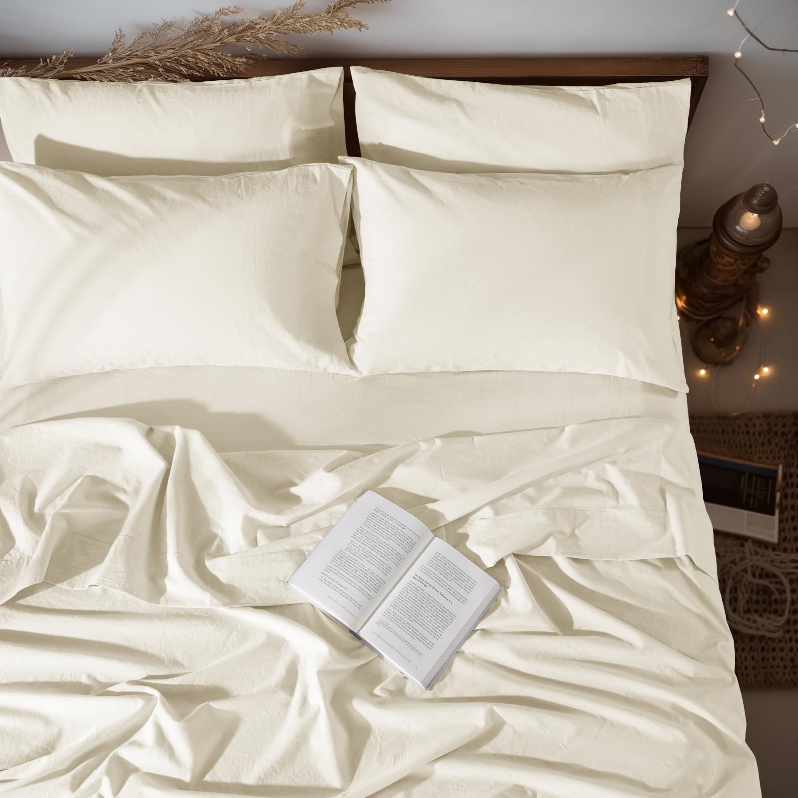 LBRO2M 100% Pure Linen Sheet Set Deep Pocket Up to 16" Bed Sheets Sets, Natural Flax Beddings Soft, Breathable, Comfortable for All Seasons 4 Pcs Sheet Set Queen Size, Linen