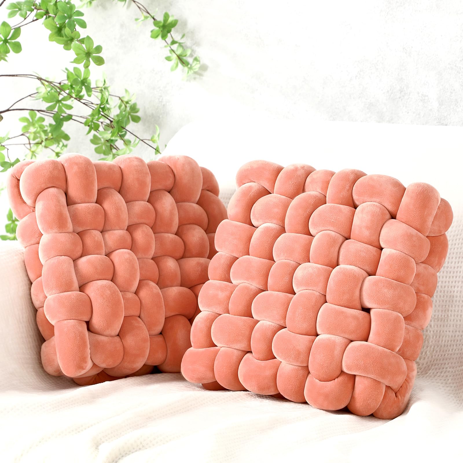 Wenqik 2 Pcs Knot Pillows Square Knotted Plush Throws Soft Accent Pillows Decoration Cushion for Couch Home Office Living Room Bedroom Bed Sofa Decor, 12'' x 13''(Cream White,Lambswool)