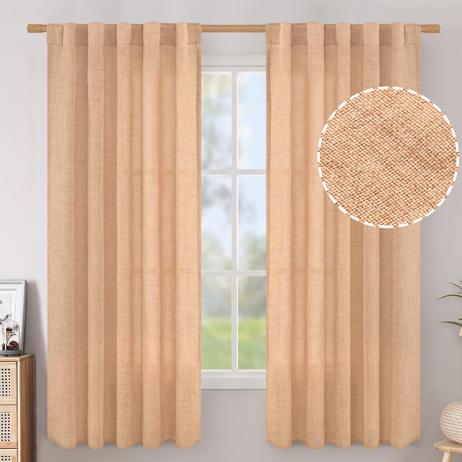 BGment Long 102 Inch Length Linen Curtains for Living Room, Natural Rod Pocket Textured Burlap Drapes Rustic Country Light Filtering for Bedroom Semi Sheer Back Tab, 2 Panel, 52 Inch Wide Each Panel