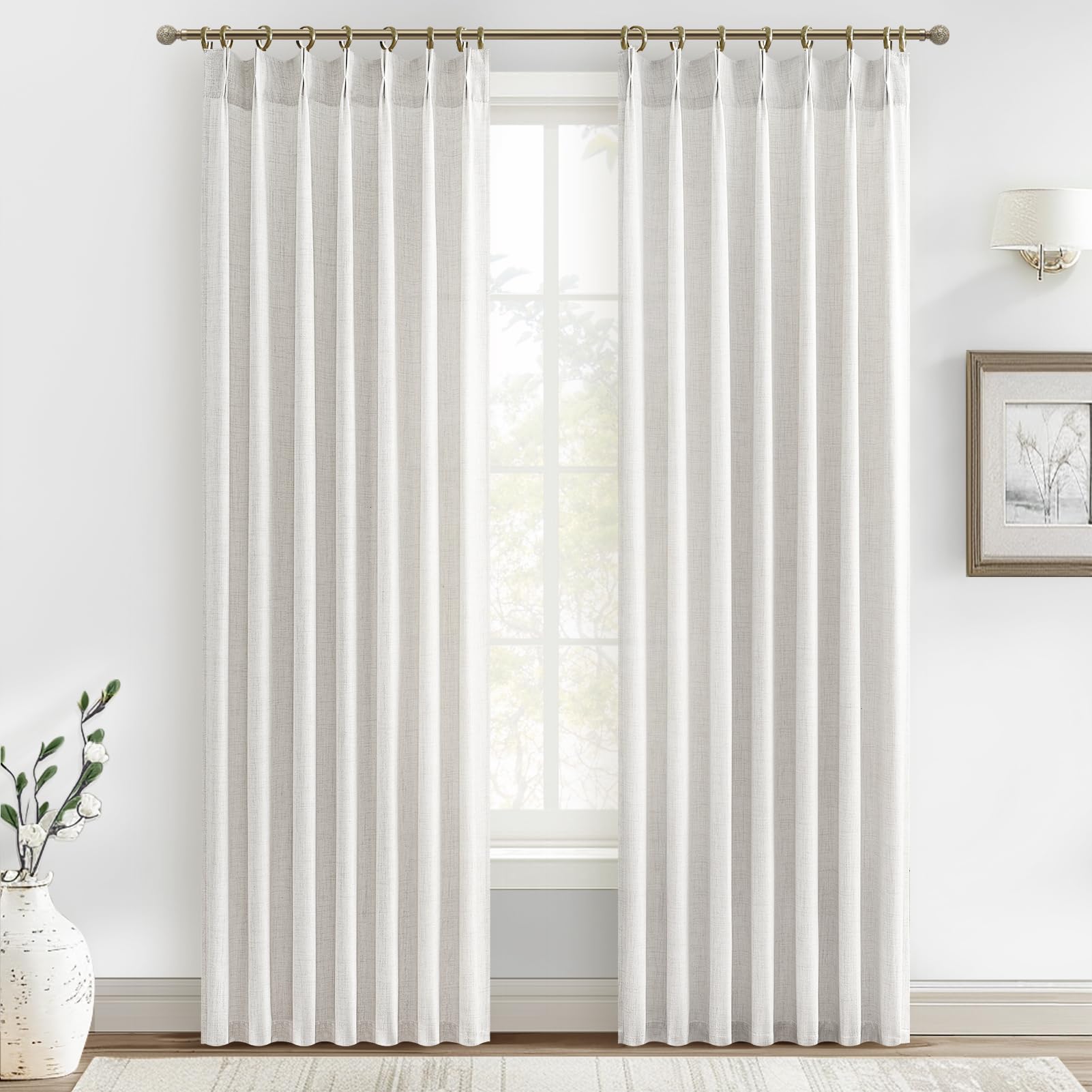 PleatedDrapes 96 Inch Curtains 2 Panel Set, Modern Linen Pleat Back Tab Dining Room Window Curtains Light Filtering Aesthetic Semi Sheer Living Room Drapes with Hooks Ring Cream Oatmeal W40 x L96