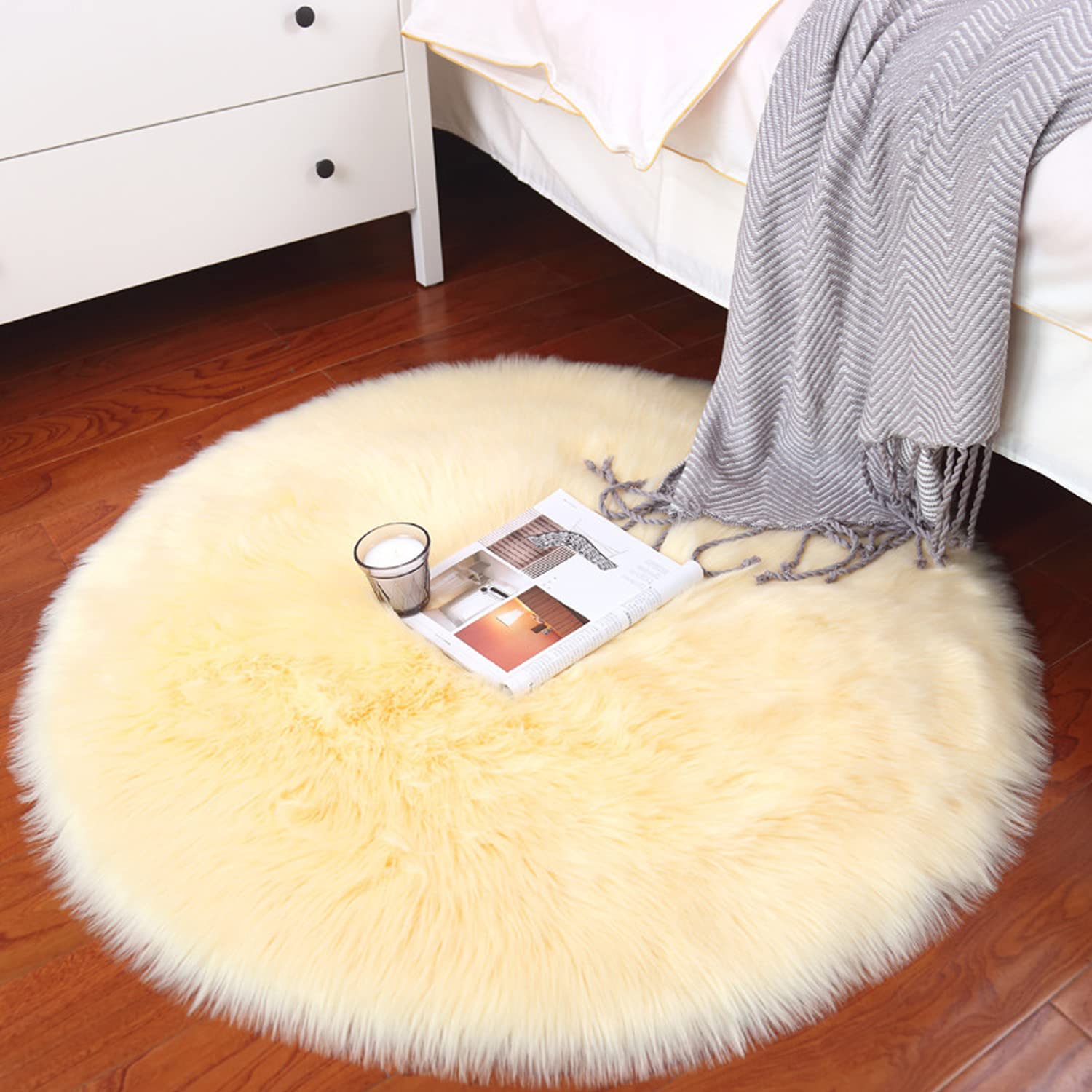Luxury Faux Sheepskin Area Rugs Supersoft Fluffy Shaggy Round Floor Carpet Mat Decorative Throw Cover- Children Play Carpet for Living & Bedroom Sofa Light Pink, 5 ft Diameter