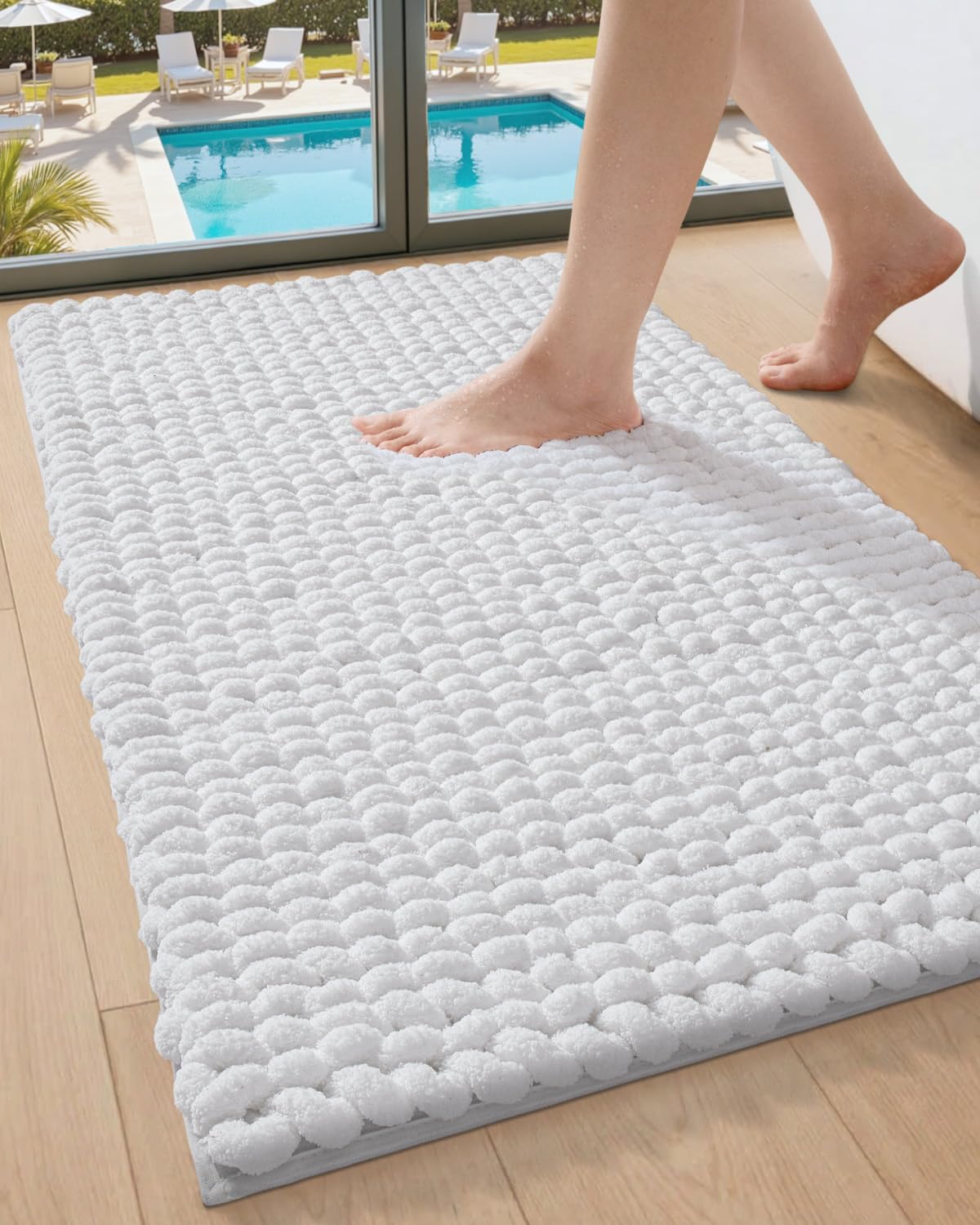 DEXI Bathroom Rugs 24x43, Non Slip Washable Bath Mat, Luxury Chenille Super Absorbent Ultra Thick Bathmats for Shower Floor, Plush Fluffy Shaggy Carpet for Tub, Beige