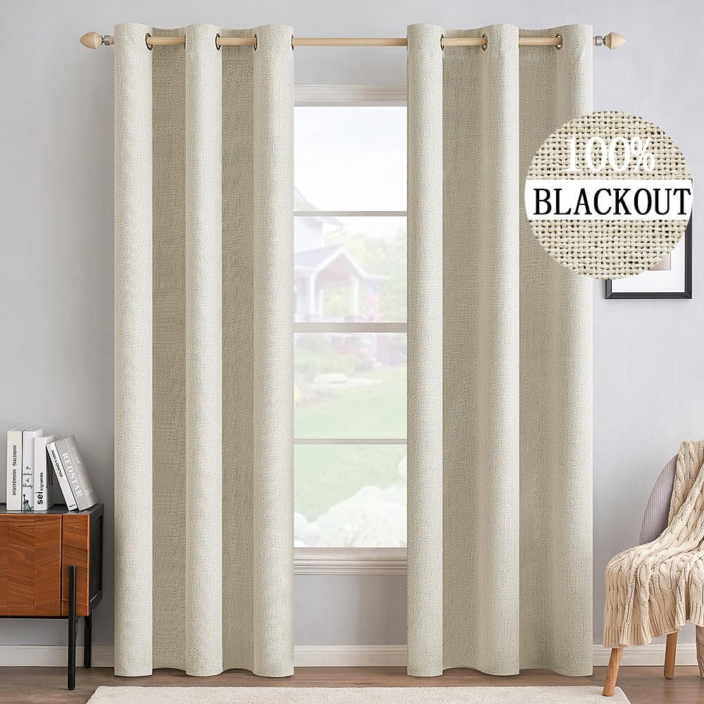 MIULEE 100% Blackout Linen Curtains for Bedroom Thermal Insulated Birch Grommet Room Darkening Curtains & Drapes for Living Room Nursery 52 x 96 Inch (2 Panels)