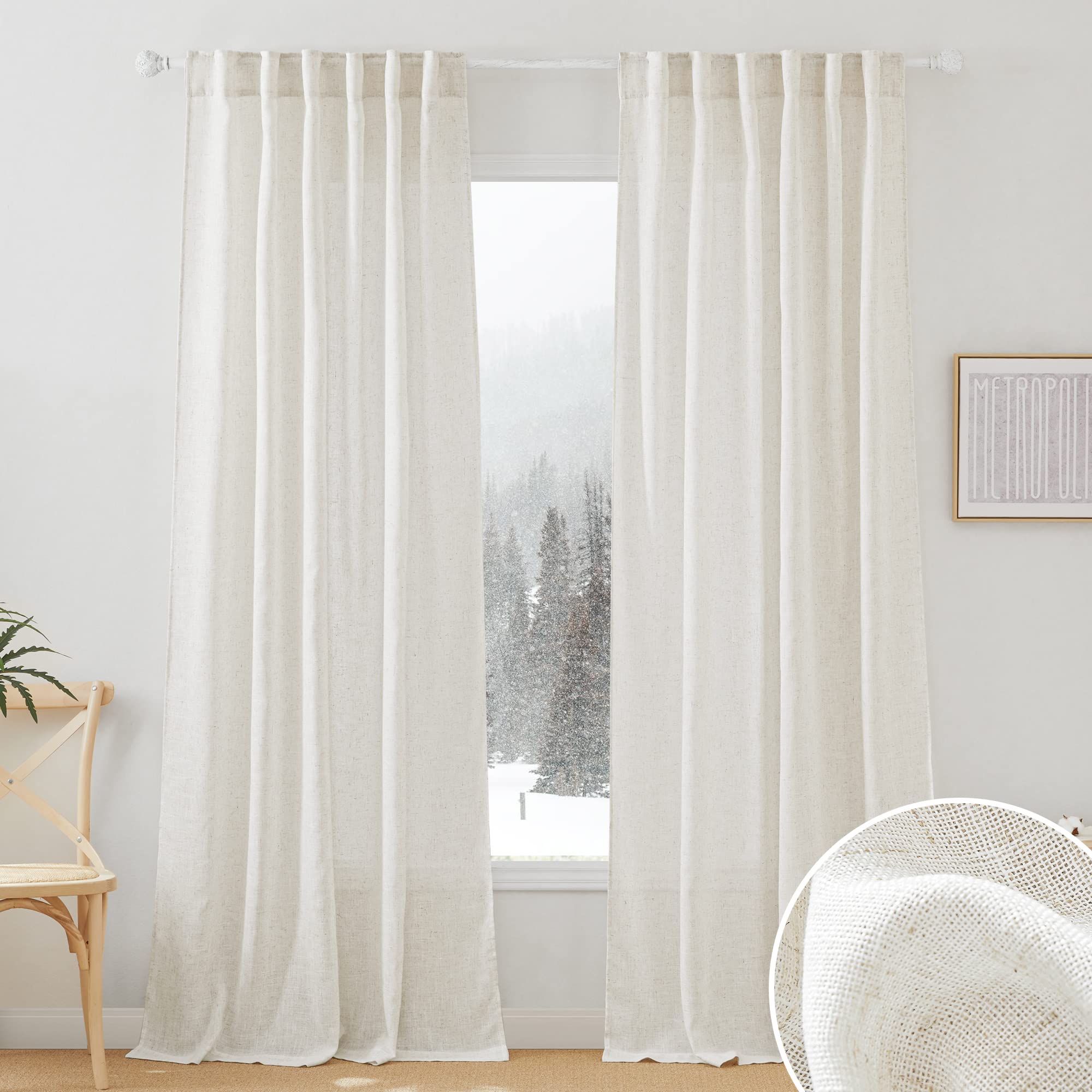 RYB HOME Farmhouse Sheer Curtains 108 inch Length, Semi Sheer Curtain & Drapes Large Window Dressing Lights & Winds Filter for Bedroom Home Office Living Room, Linen, W 70 x L 108 inch Long, 1 Pair