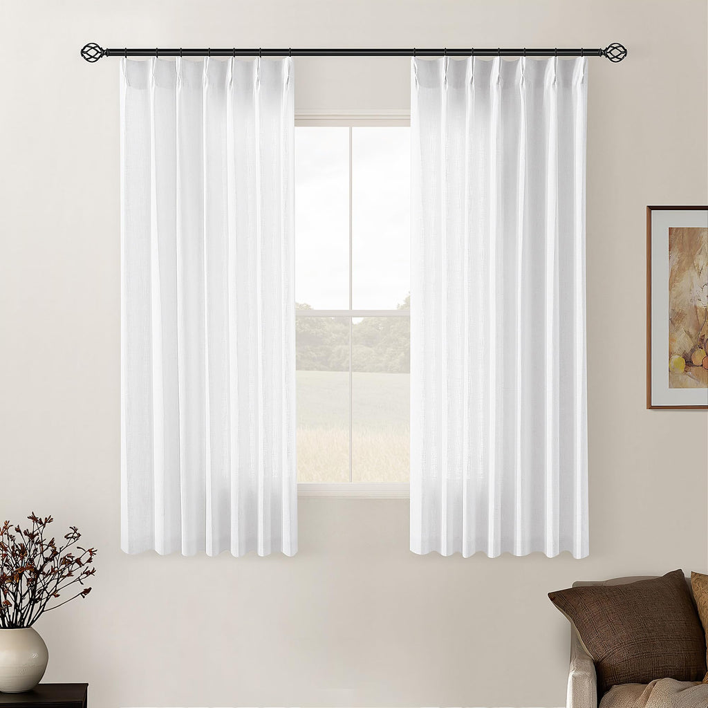 90 Inch Pinch Pleated Linen Curtains 2 Panel Set for Living Room Cream Natural Thick Linen Textured Drapes 90 Inches Long Pinch Pleat Drapes Birch Ivory Semi Sheer Curtain for Dining Bedroom Office