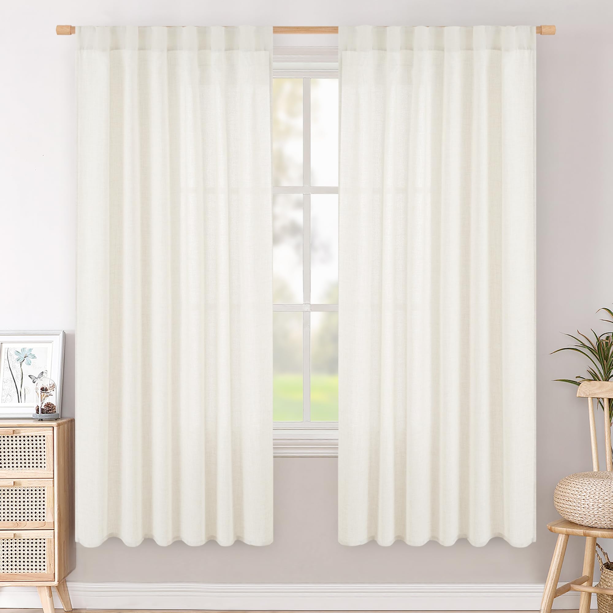 BGment Long 102 Inch Length Linen Curtains for Living Room, Natural Rod Pocket Textured Burlap Drapes Rustic Country Light Filtering for Bedroom Semi Sheer Back Tab, 2 Panel, 52 Inch Wide Each Panel