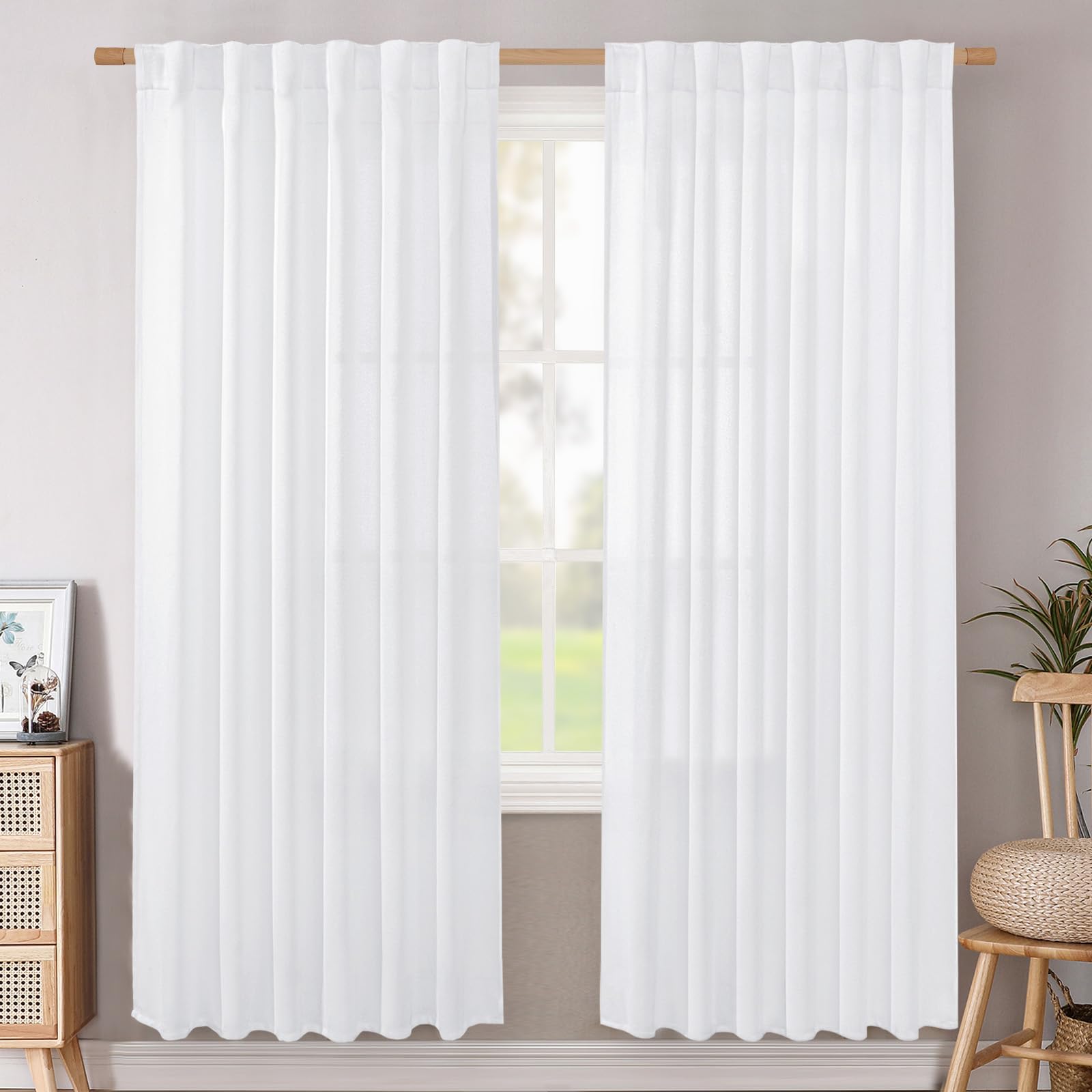BGment Long 102 Inch Length Linen Curtains for Living Room, Natural Rod Pocket Textured Burlap Drapes Rustic Country Light Filtering for Bedroom Semi Sheer Back Tab, 2 Panel, 52 Inch Wide Each Panel