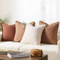 Boho Fringe Throw Pillow Covers Set of 4, Washed Cotton Decorative Square Cushion Cases with Raw Edge Fringe, Neutral Earth Tone Farmhouse Decor Pillow Covers for Sofa Couch Bed Home Decoration