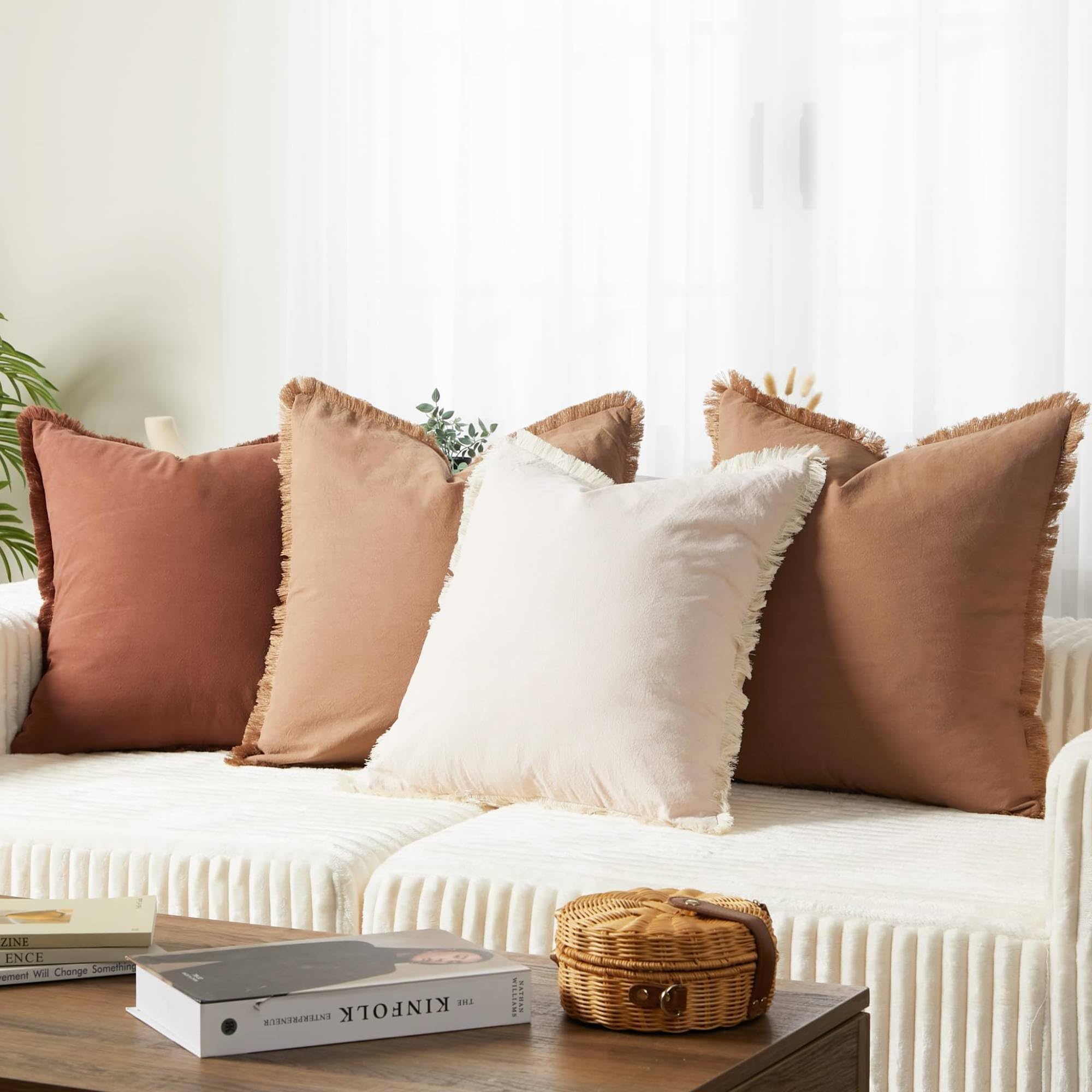 Boho Fringe Throw Pillow Covers Set of 4, Washed Cotton Decorative Square Cushion Cases with Raw Edge Fringe, Neutral Earth Tone Farmhouse Decor Pillow Covers for Sofa Couch Bed Home Decoration