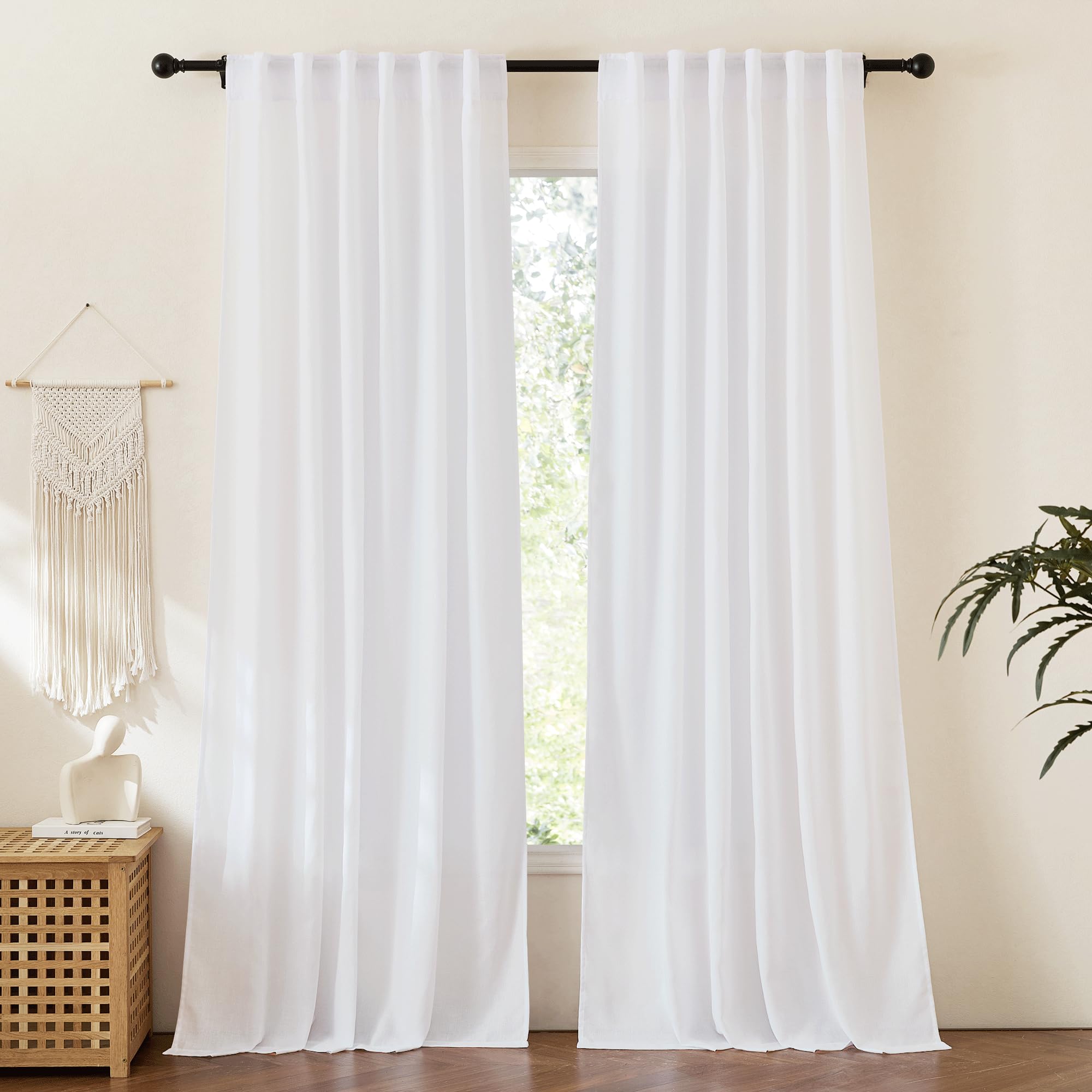 RYB HOME Farmhouse Sheer Curtains 108 inch Length, Semi Sheer Curtain & Drapes Large Window Dressing Lights & Winds Filter for Bedroom Home Office Living Room, Linen, W 70 x L 108 inch Long, 1 Pair