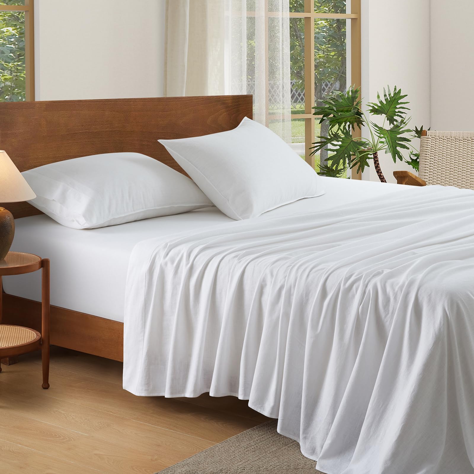 100% French Linen Sheets Natural Linen Queen Size Sheets Set, Breathable and Durable for Hot Sleepers, 4 Pcs Bed Sheets with 16 Inch Deep Pocket - 1 Flat Sheet, 1 Fitted Sheet, 2 Pillowcases