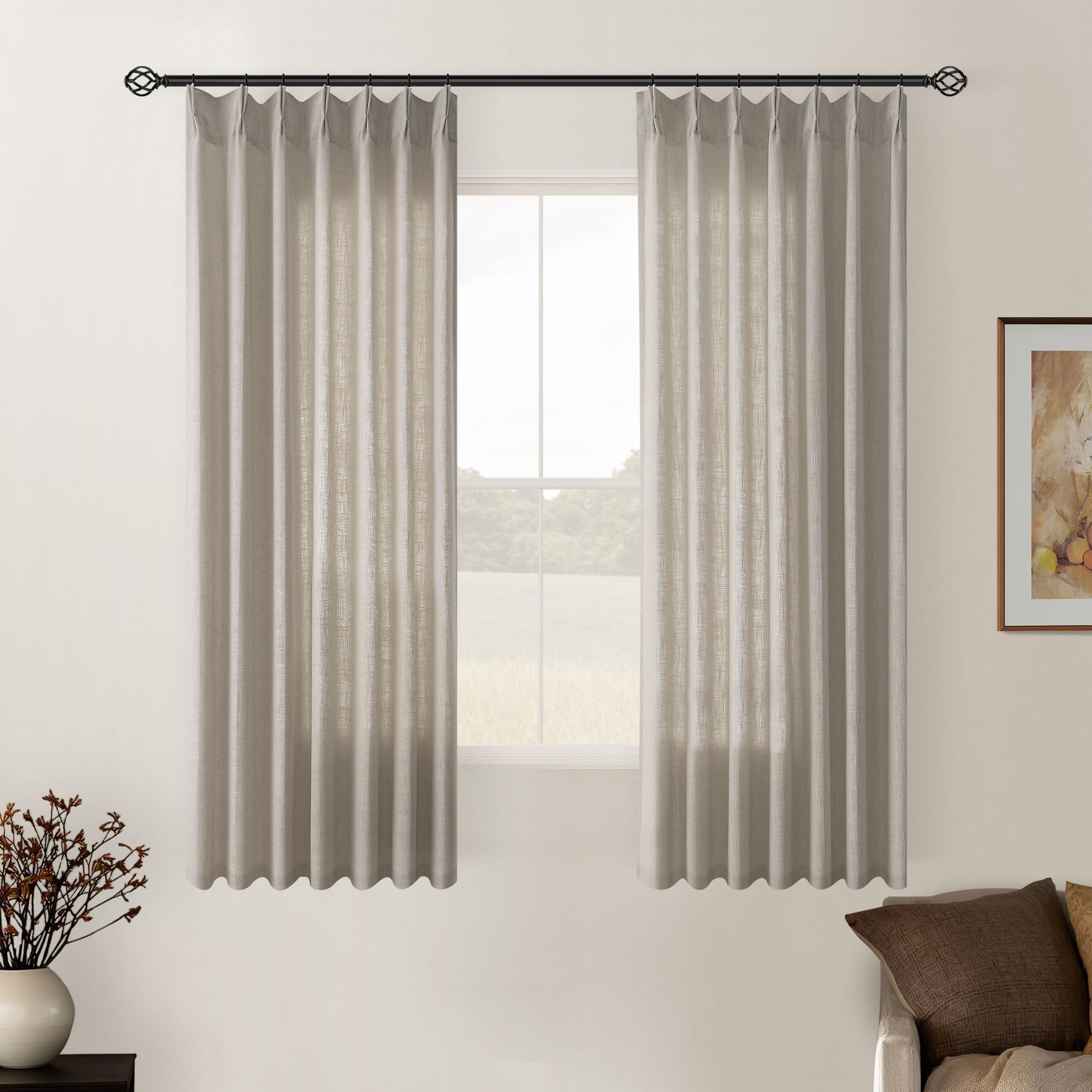 90 Inch Pinch Pleated Linen Curtains 2 Panel Set for Living Room Cream Natural Thick Linen Textured Drapes 90 Inches Long Pinch Pleat Drapes Birch Ivory Semi Sheer Curtain for Dining Bedroom Office