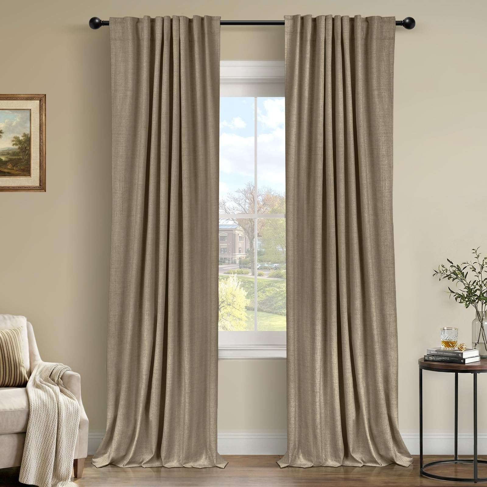 Oatmeal 2-Panel Linen Blackout Curtains, 50"W x 96"L, Thermal Insulated, Back Tab & Rod Pocket for Bedroom & Living Room