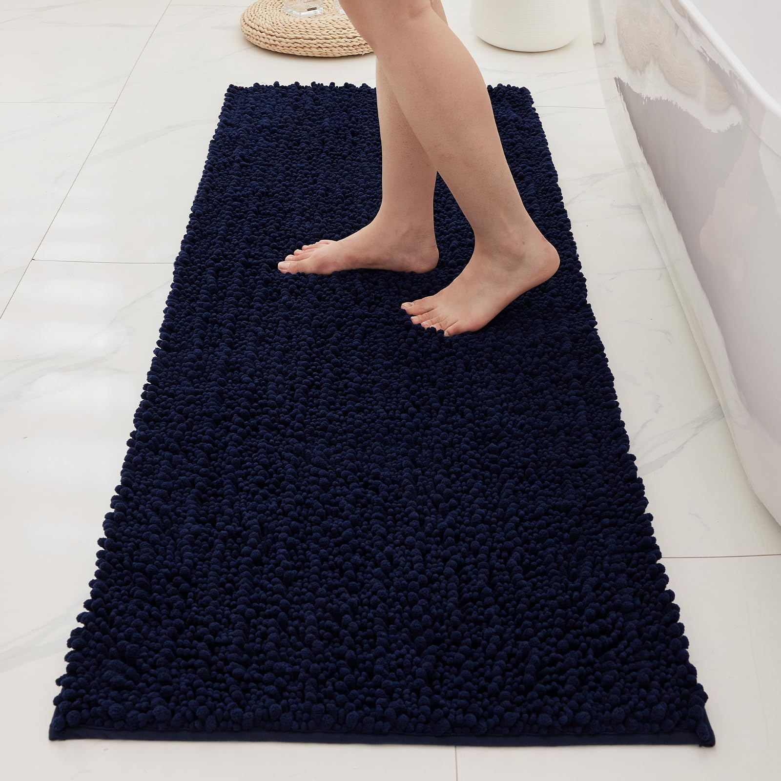 Bathroom Rugs Non Slip Washable 70x24, Extra Thick Soft Chenille Absorbent Bath Mat, High Density Barrier Non Slip Backing, Quick Dry Plush Shaggy Floor Carpet for Tub&Shower, White