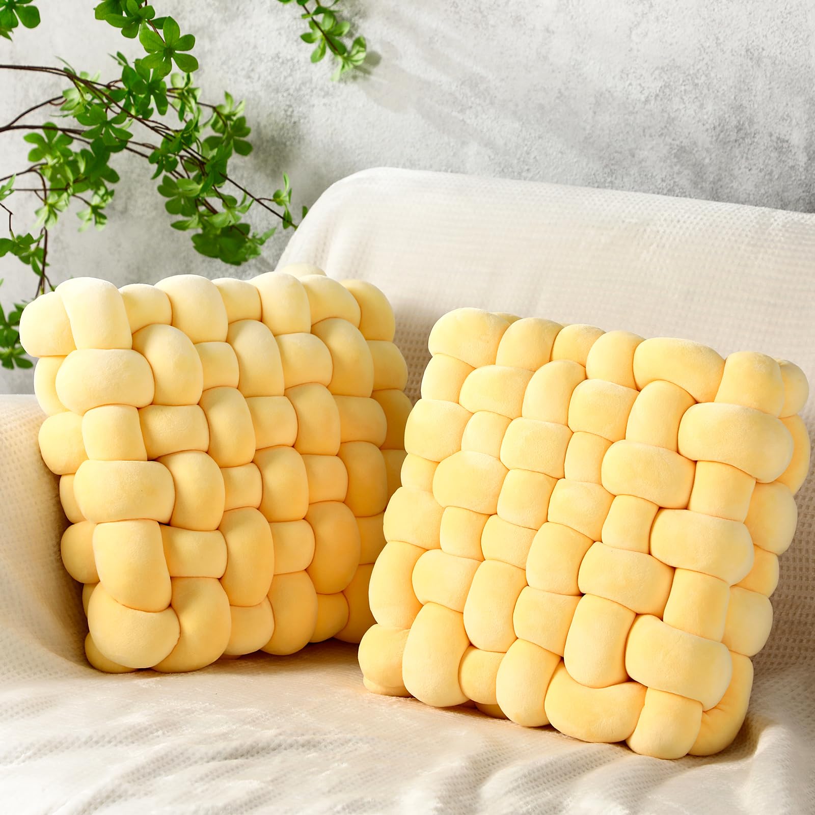 Wenqik 2 Pcs Knot Pillows Square Knotted Plush Throws Soft Accent Pillows Decoration Cushion for Couch Home Office Living Room Bedroom Bed Sofa Decor, 12'' x 13''(Cream White,Lambswool)