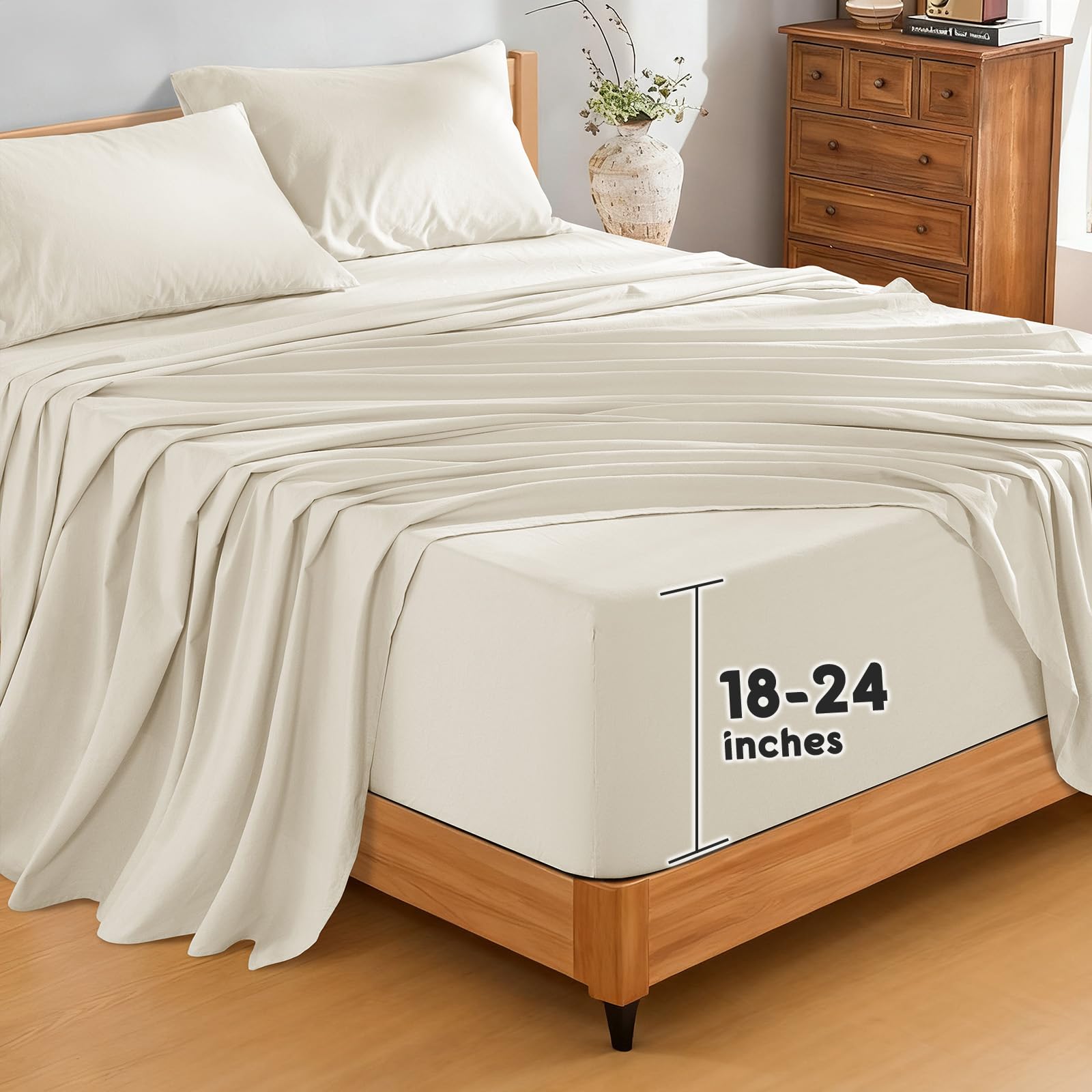 SONORO KATE 100% French Pure Linen Sheets, Breathable and Durable Linen King Size Sheets, Anti-Tear Linen Bed Sheets, Machine Washable, 16 Inch Deep Pocket - 4 Piece (Natural Linen, King)