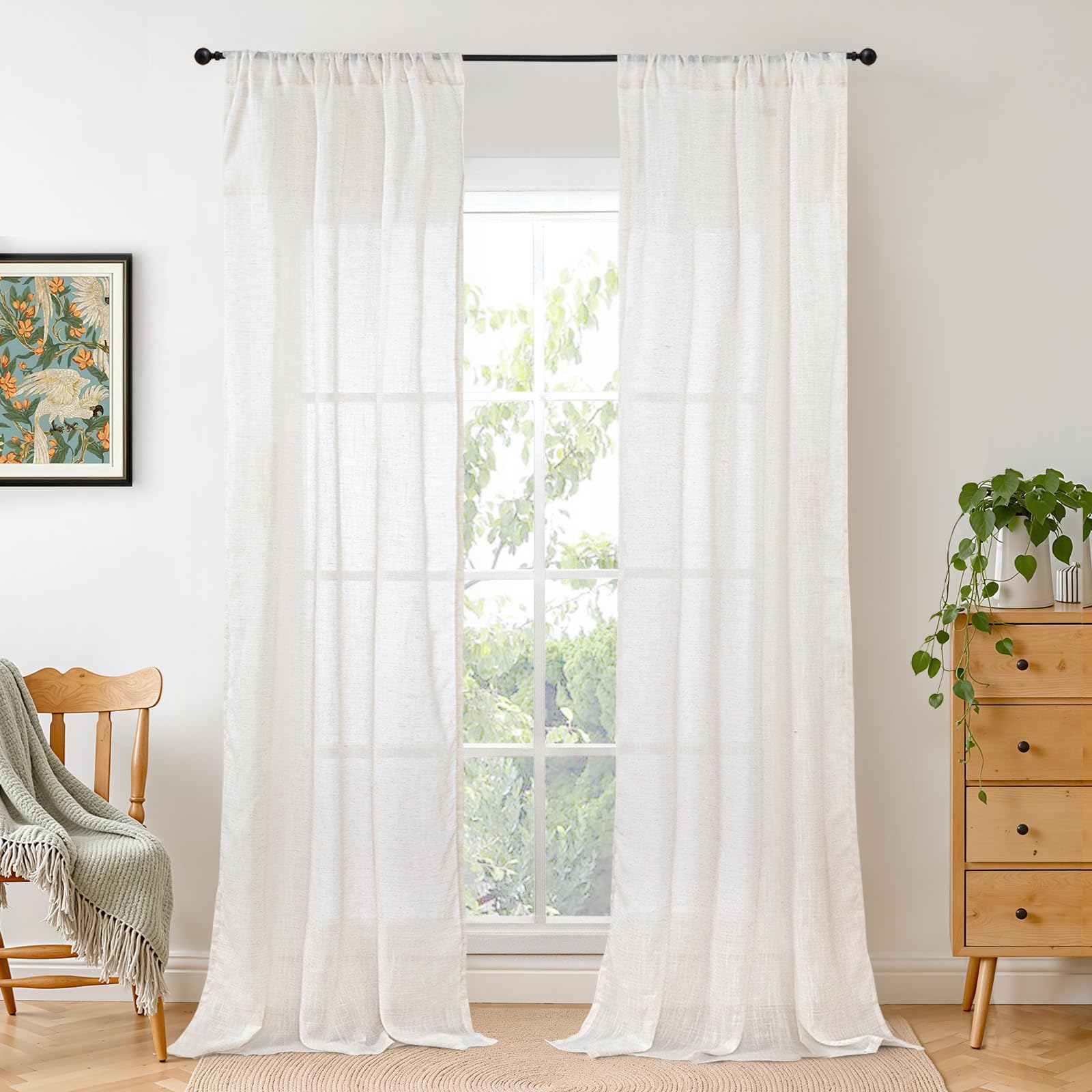 BGment 90 Inches Long Curtains Linen Semi Sheer, Light Filtering Window Treatments Drapes with Rod Pocket Lightweight for Living Room Bedroom, 2 Panels, 52 Inch Wide Each Panel