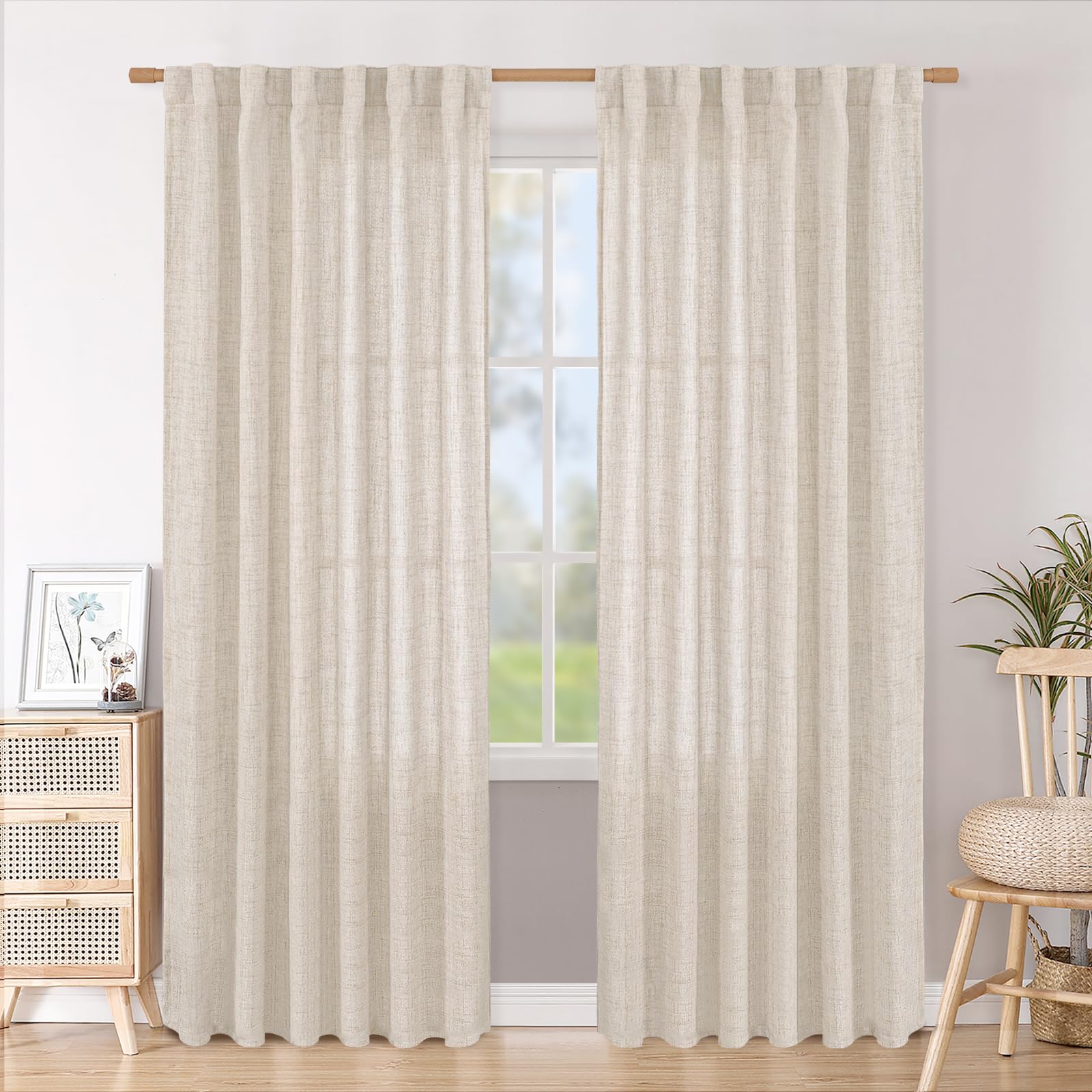 BGment Long 102 Inch Length Linen Curtains for Living Room, Natural Rod Pocket Textured Burlap Drapes Rustic Country Light Filtering for Bedroom Semi Sheer Back Tab, 2 Panel, 52 Inch Wide Each Panel