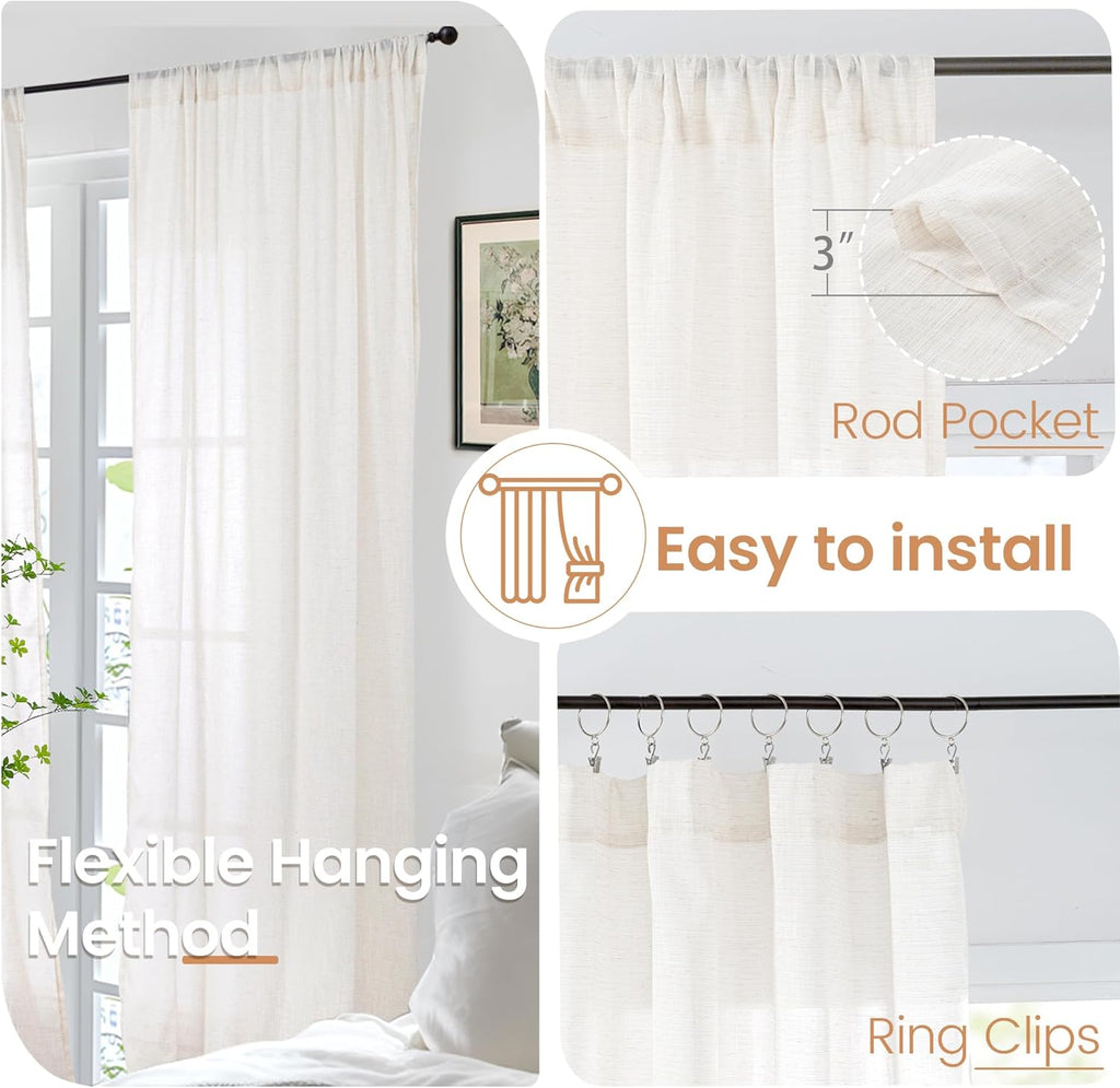 BGment 90 Inches Long Curtains Linen Semi Sheer, Light Filtering Window Treatments Drapes with Rod Pocket Lightweight for Living Room Bedroom, 2 Panels, 52 Inch Wide Each Panel