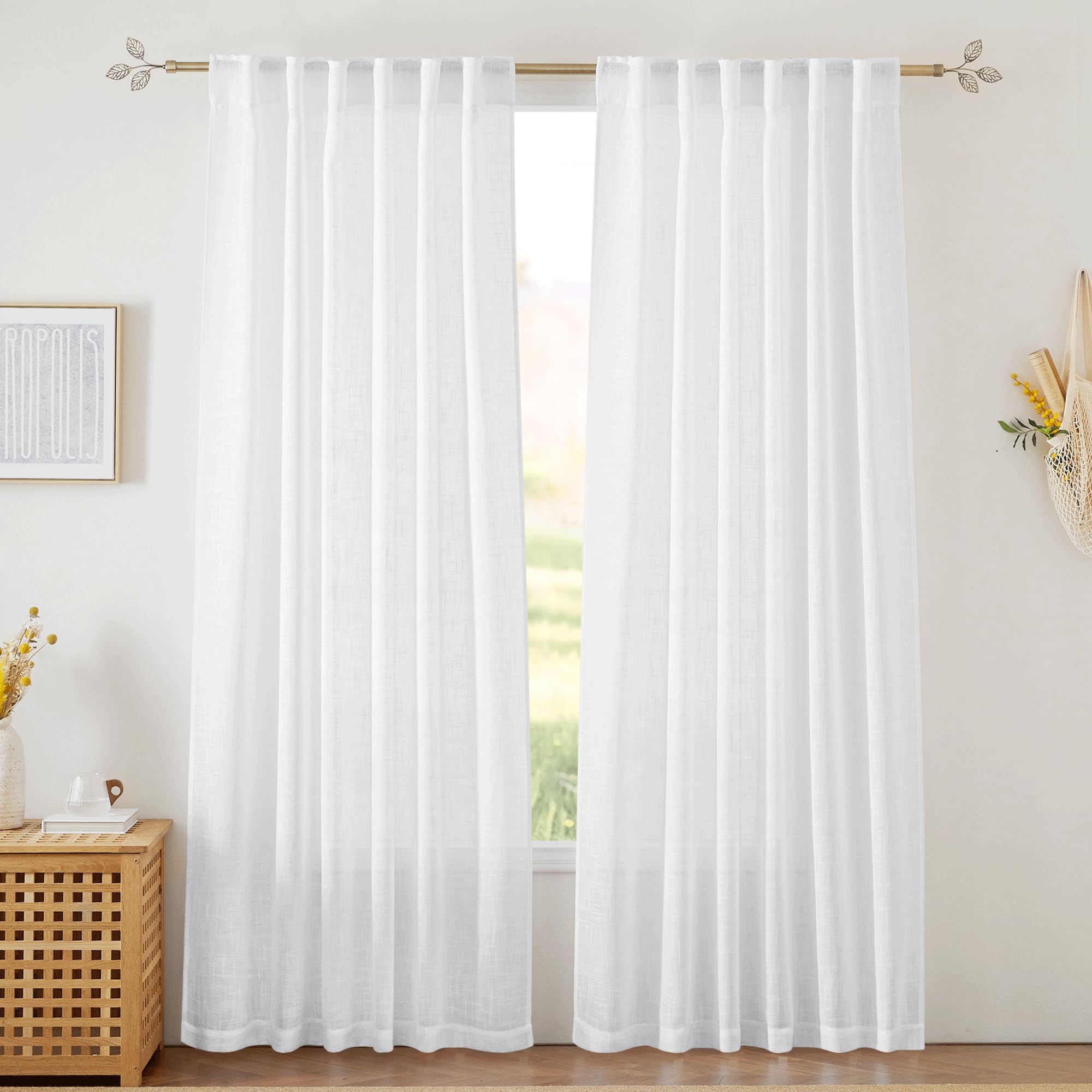 RYB HOME Farmhouse Sheer Curtains 108 inch Length, Semi Sheer Curtain & Drapes Large Window Dressing Lights & Winds Filter for Bedroom Home Office Living Room, Linen, W 70 x L 108 inch Long, 1 Pair