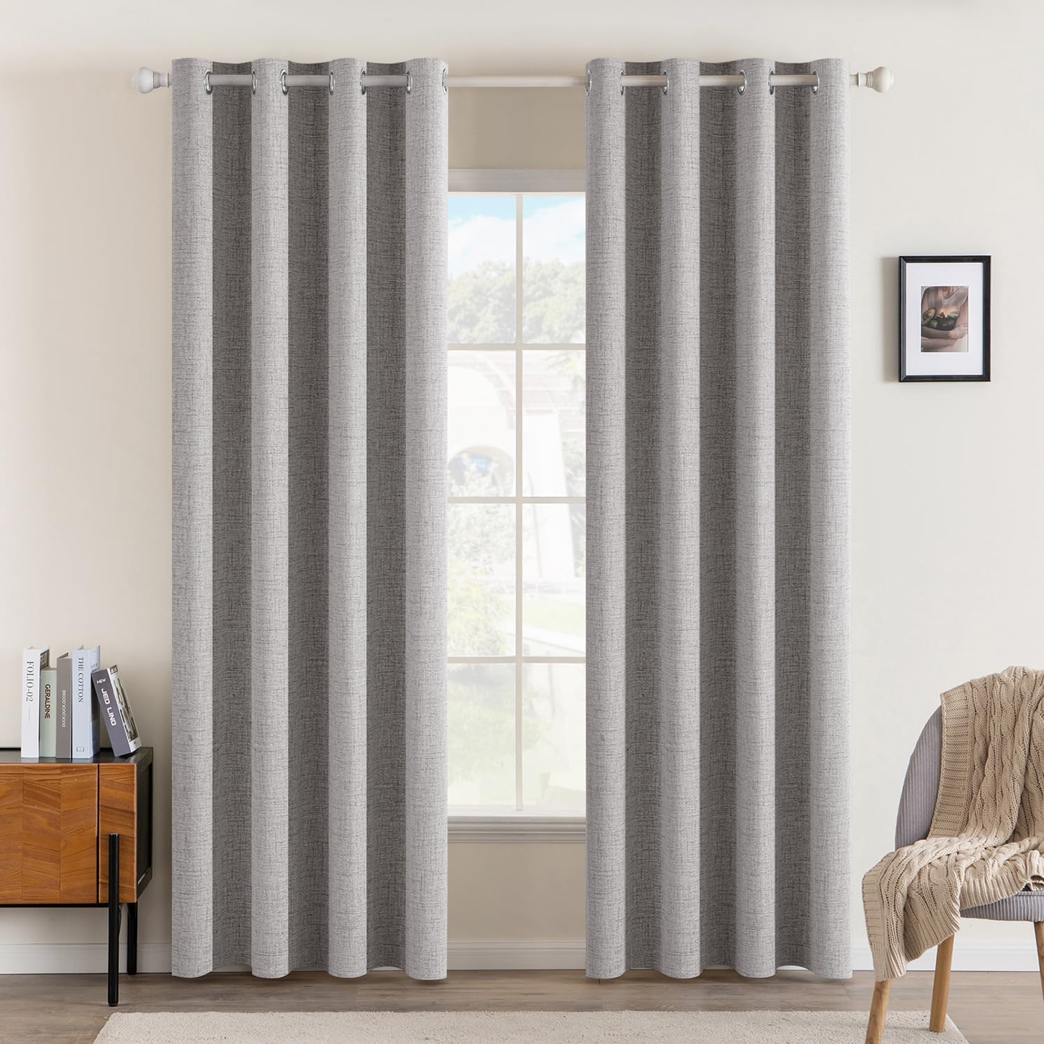 MIULEE 100% Blackout Linen Curtains for Bedroom Thermal Insulated Birch Grommet Room Darkening Curtains & Drapes for Living Room Nursery 52 x 96 Inch (2 Panels)