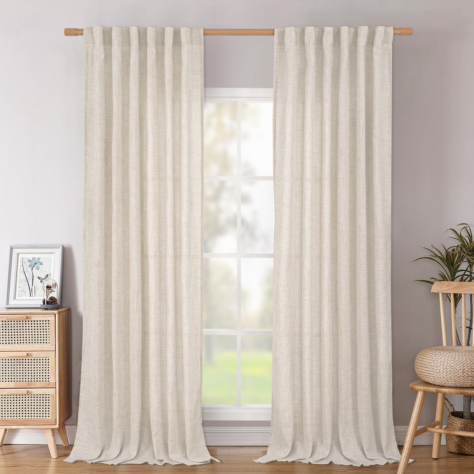 BGment Long 102 Inch Length Linen Curtains for Living Room, Natural Rod Pocket Textured Burlap Drapes Rustic Country Light Filtering for Bedroom Semi Sheer Back Tab, 2 Panel, 52 Inch Wide Each Panel