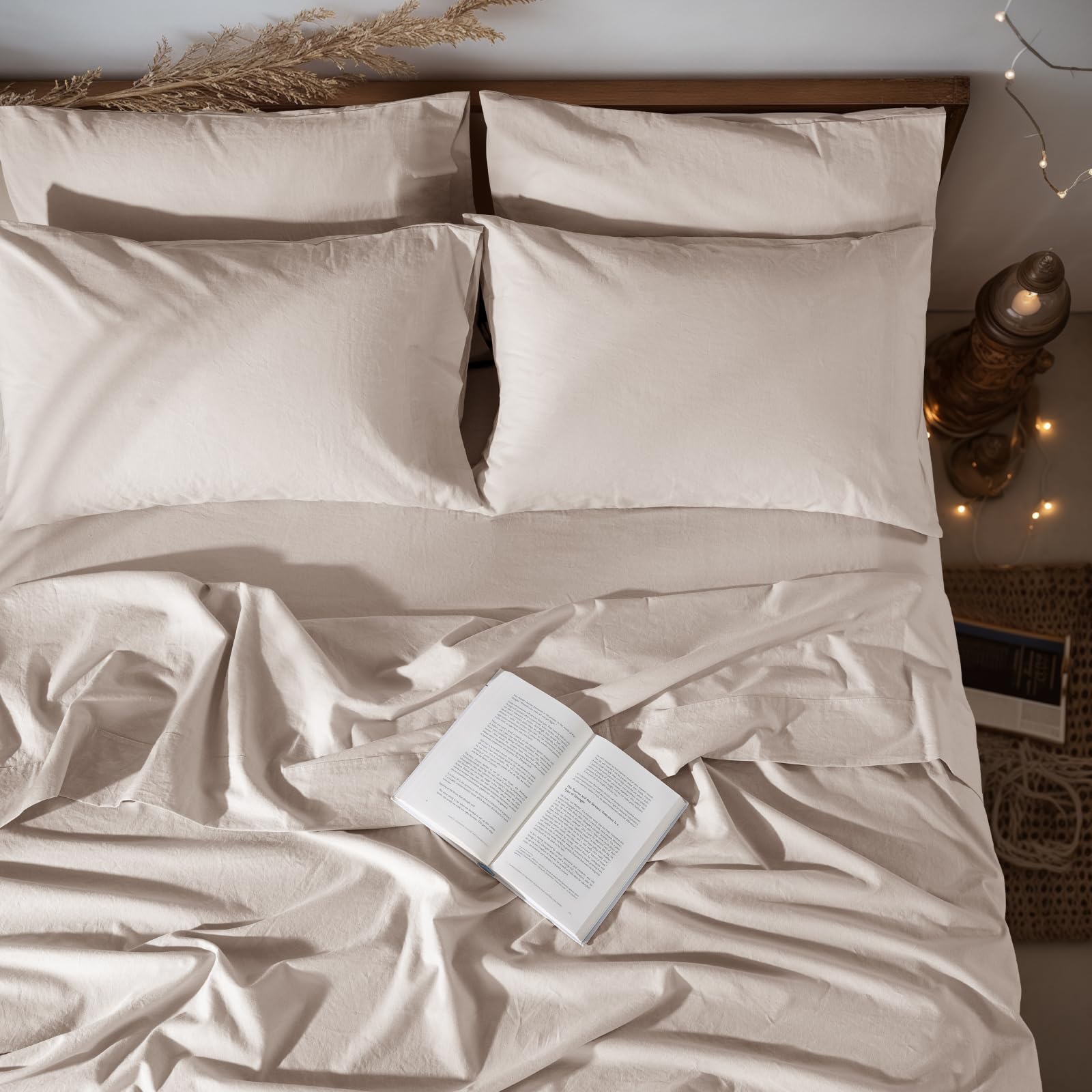 LBRO2M 100% Pure Linen Sheet Set Deep Pocket Up to 16" Bed Sheets Sets, Natural Flax Beddings Soft, Breathable, Comfortable for All Seasons 4 Pcs Sheet Set Queen Size, Linen