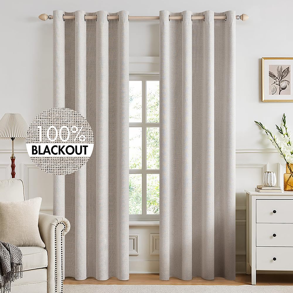 MIULEE 100% Blackout Linen Curtains for Bedroom Thermal Insulated Birch Grommet Room Darkening Curtains & Drapes for Living Room Nursery 52 x 96 Inch (2 Panels)