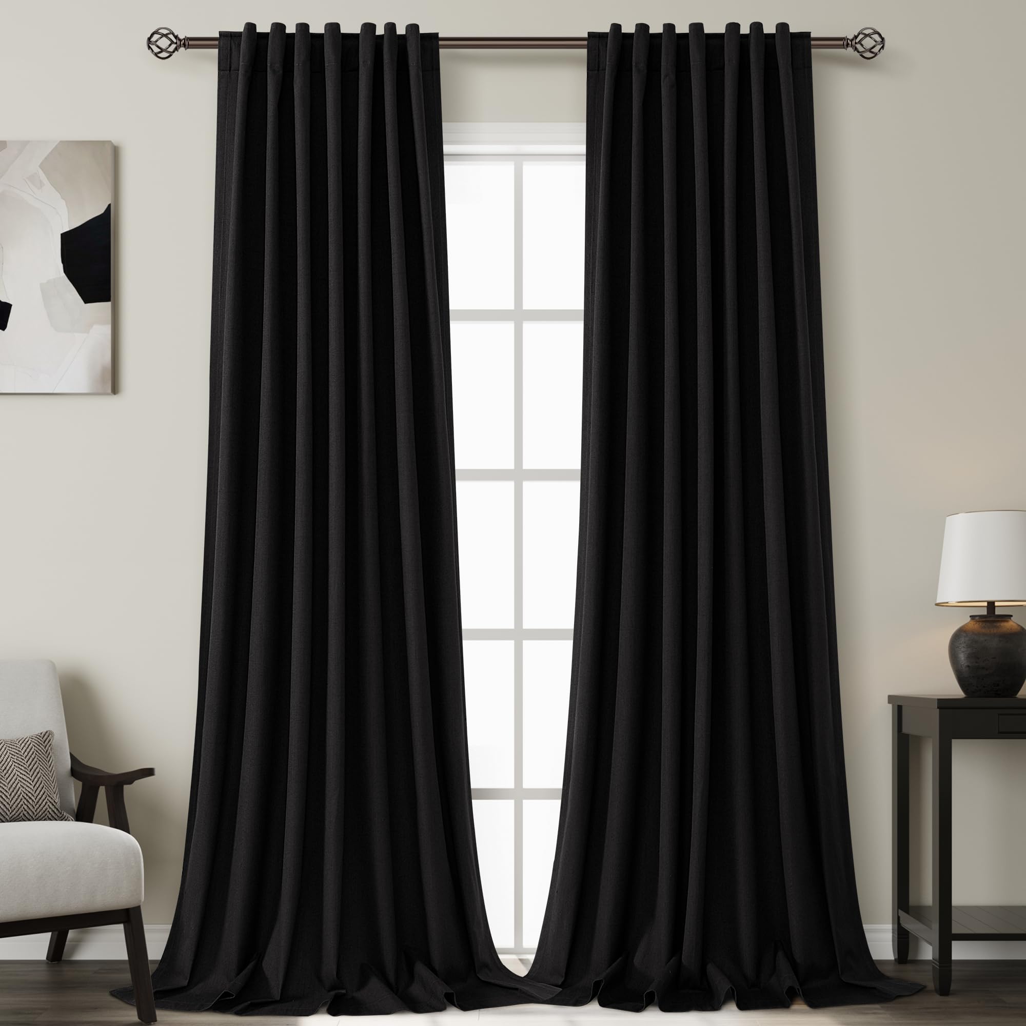 Nanspring Light Grey 100% Blackout Linen Curtains for Bedroom 90 Inches Long Back Tab Thermal Insulated Modern Luxury Simple Black Out Curtain for Living Room Dining Room Drapes 52x90, 2 Panels