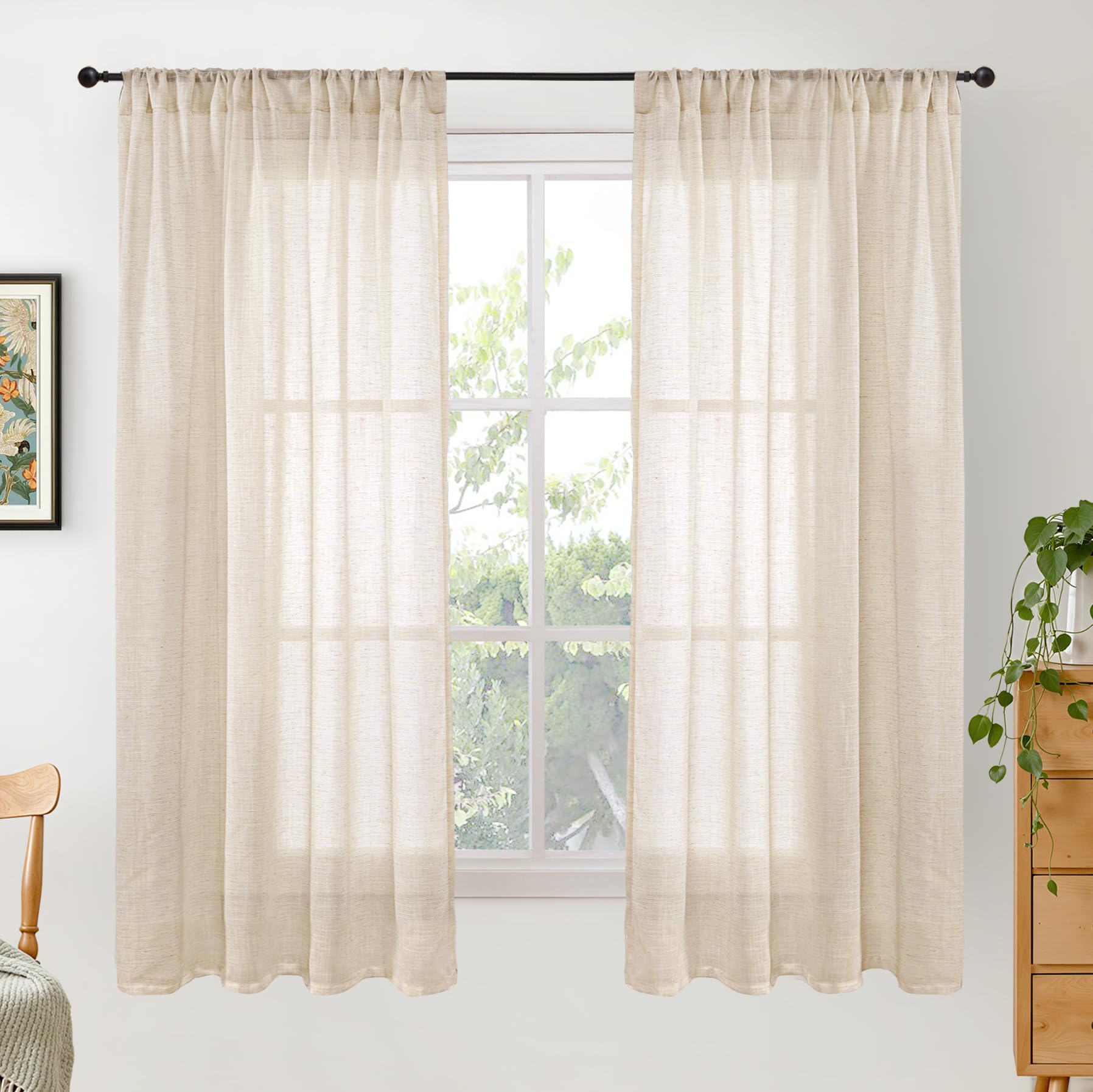 BGment 90 Inches Long Curtains Linen Semi Sheer, Light Filtering Window Treatments Drapes with Rod Pocket Lightweight for Living Room Bedroom, 2 Panels, 52 Inch Wide Each Panel